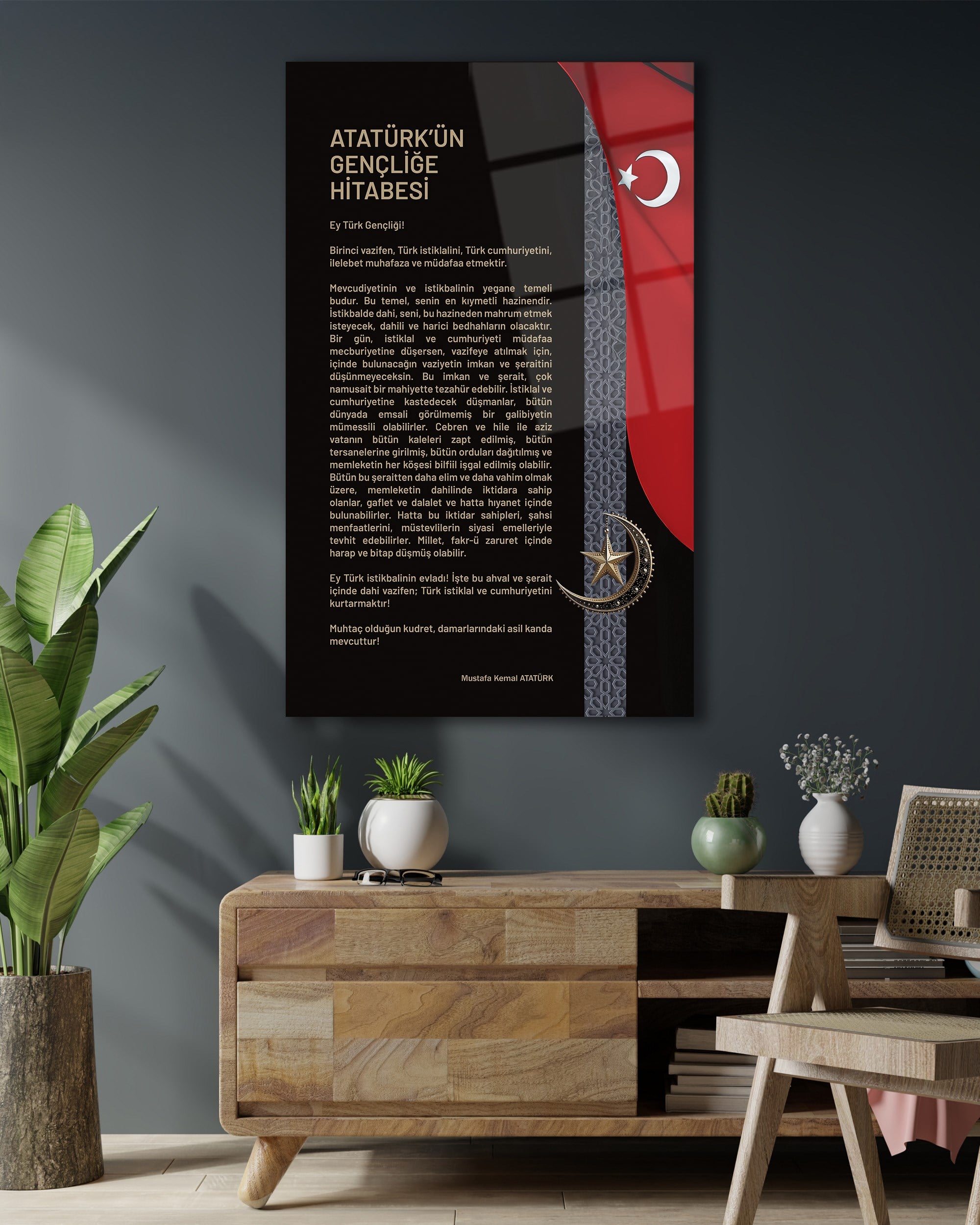 Atatürk'ün Gençliğe Hitabesi Cam Tablo | Türk Bayraklı Premium Temperli Cam Duvar Panosu