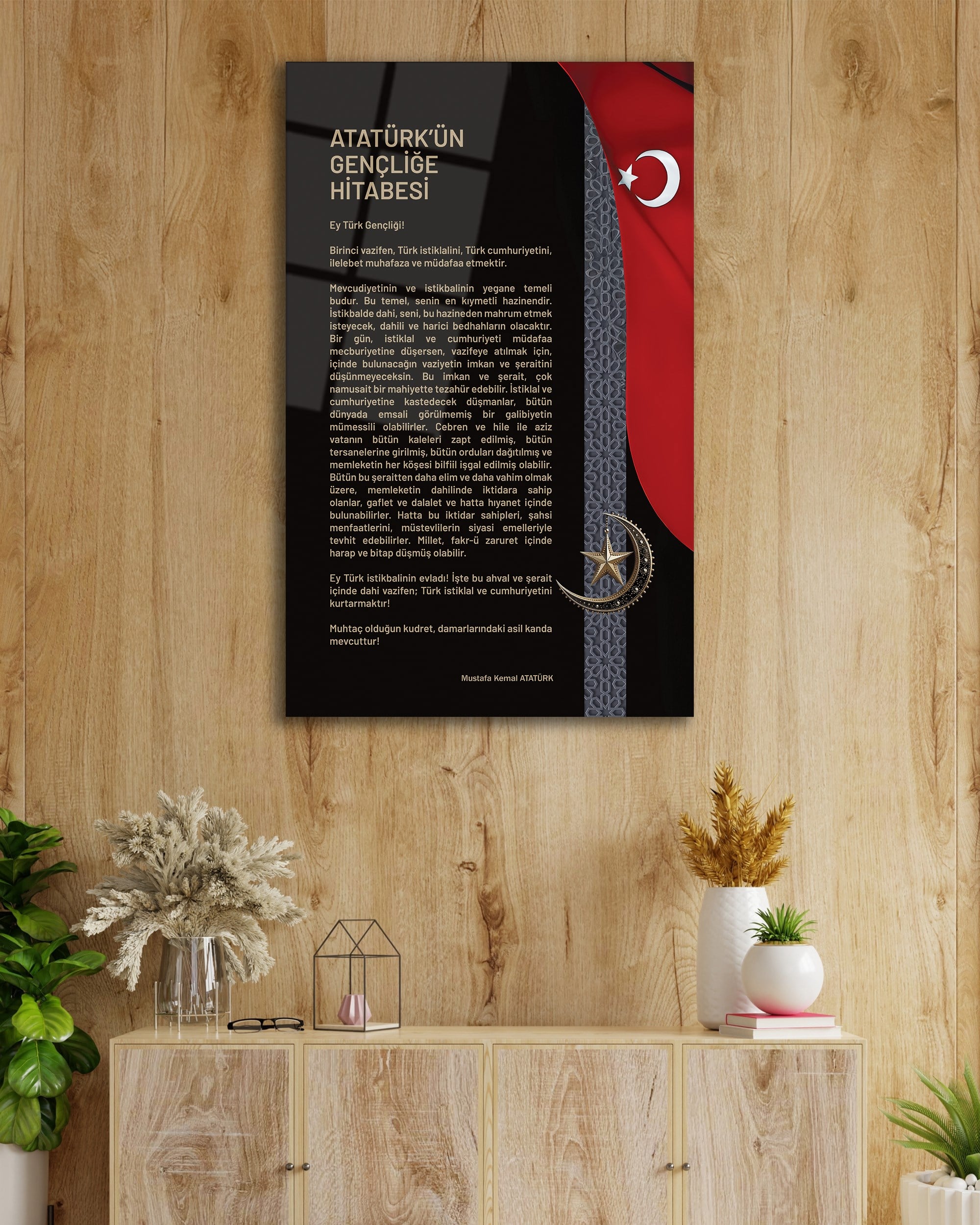 Atatürk'ün Gençliğe Hitabesi Cam Tablo | Türk Bayraklı Premium Temperli Cam Duvar Panosu