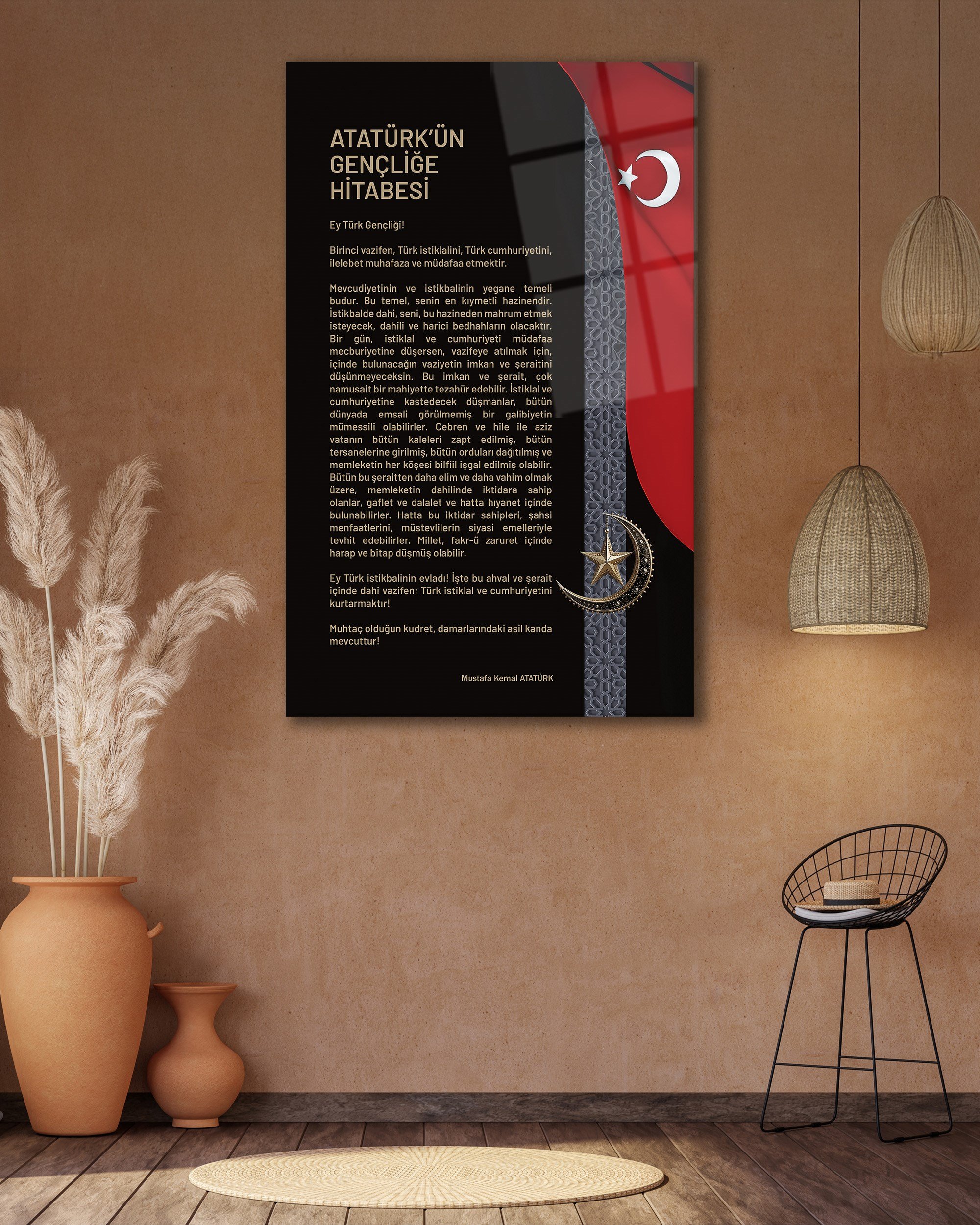 Atatürk'ün Gençliğe Hitabesi Cam Tablo | Türk Bayraklı Premium Temperli Cam Duvar Panosu