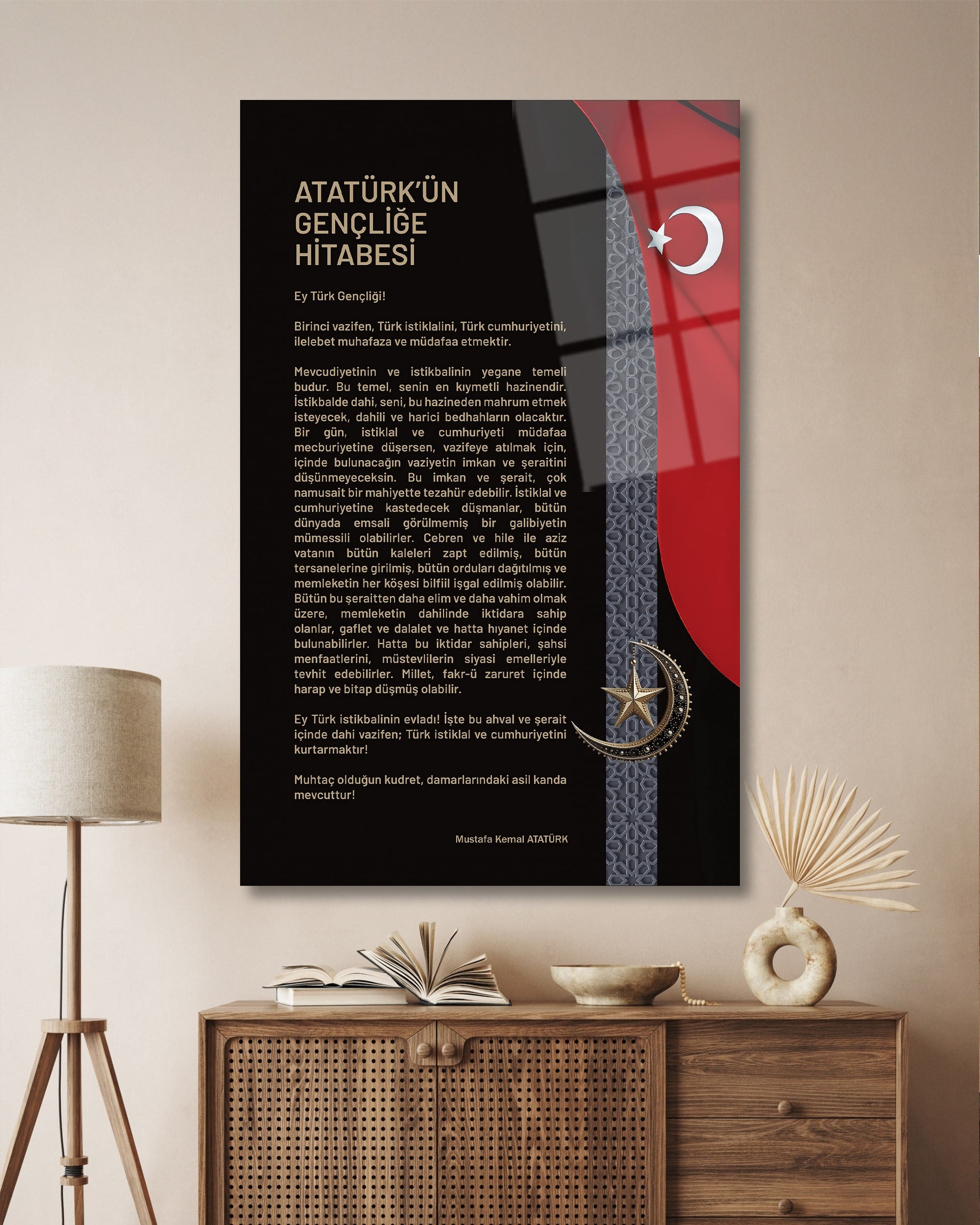 Atatürk'ün Gençliğe Hitabesi Cam Tablo | Türk Bayraklı Premium Temperli Cam Duvar Panosu