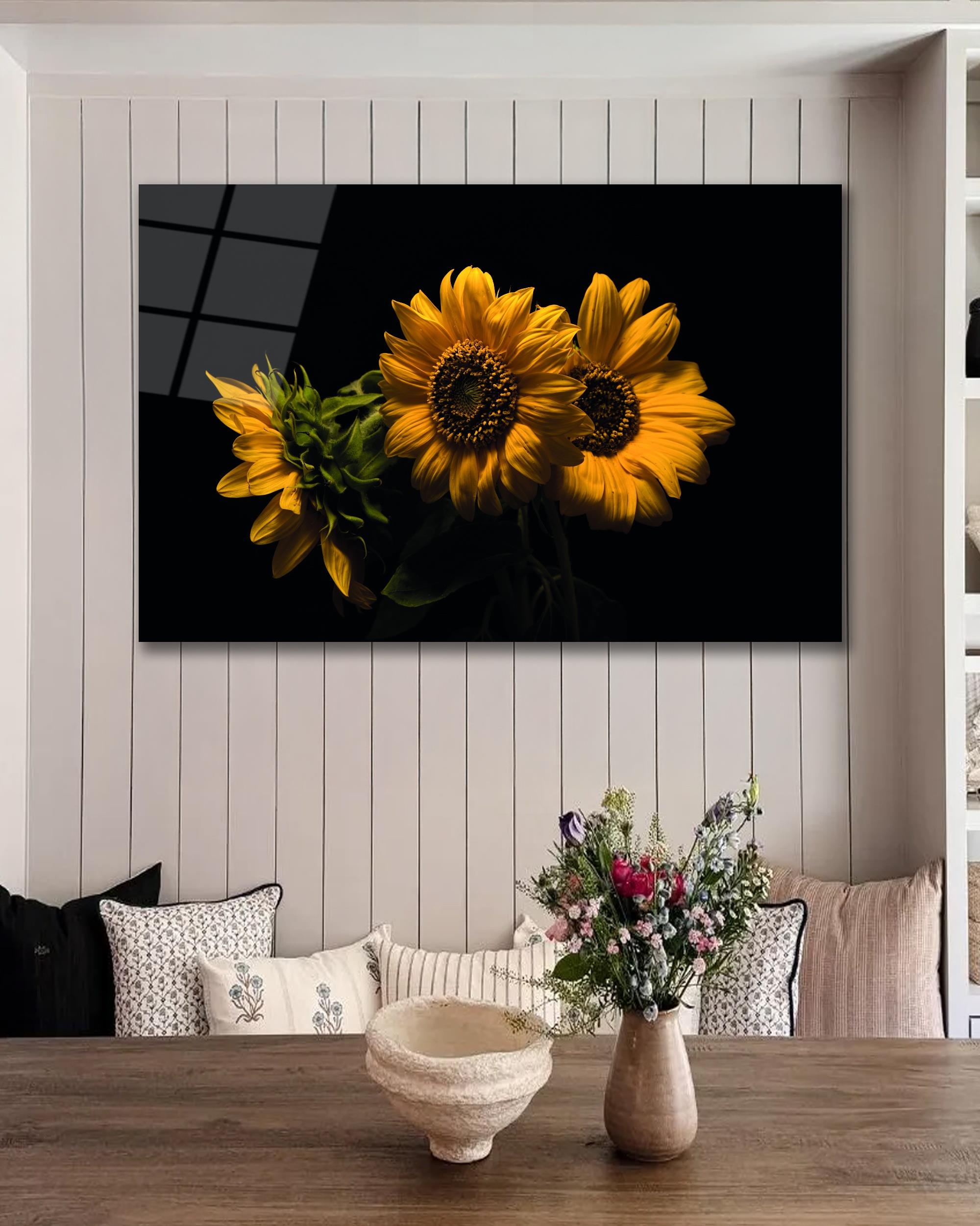 Ay Çiçeği Cam Tablo, Ev Ofis Salon Hediyelik Duvar Dekoru 