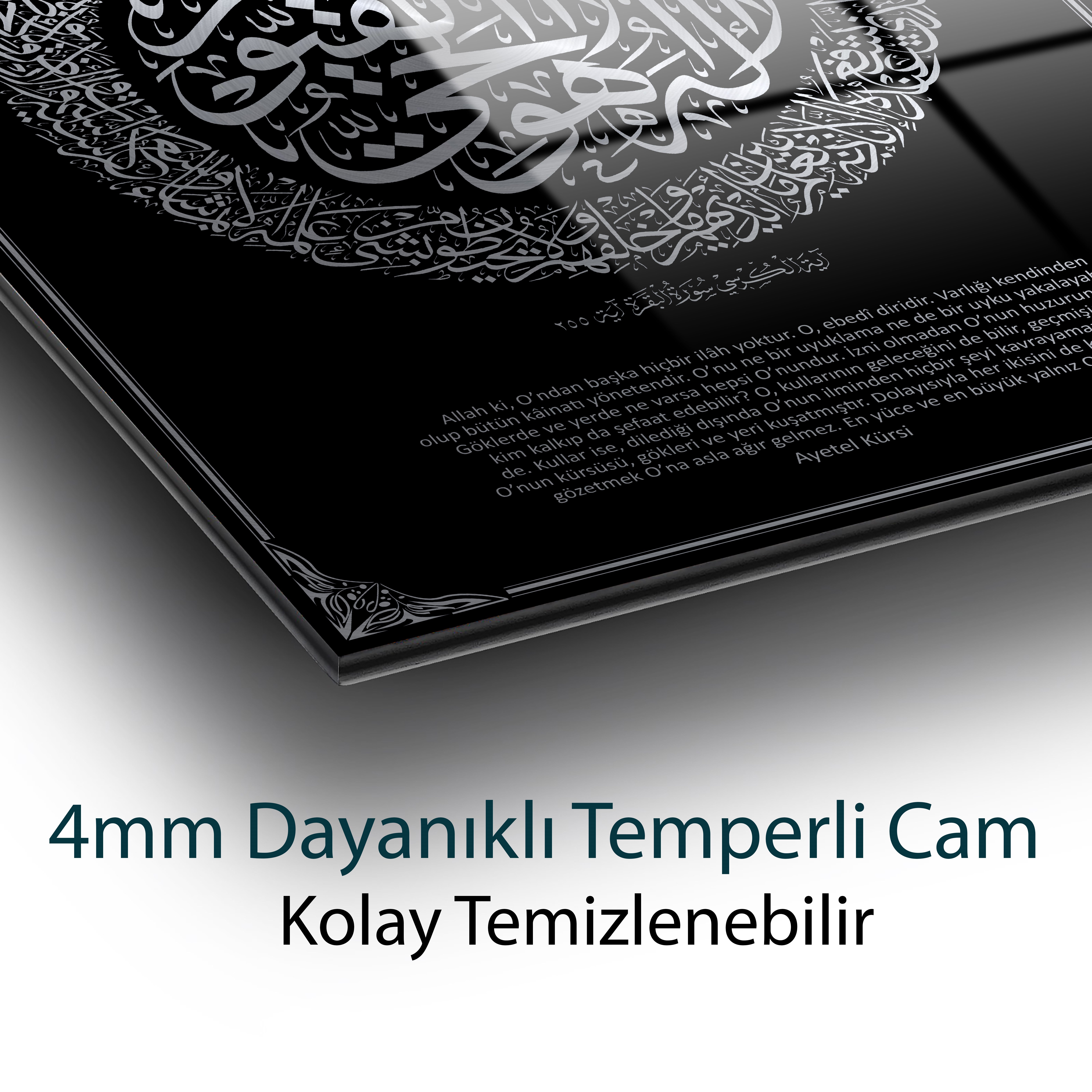 Ayetel Kürsi Cam Tablo | Siyah Gümüş Hat Sanatı | İslami 4 mm Temperli Cam Duvar Tablosu