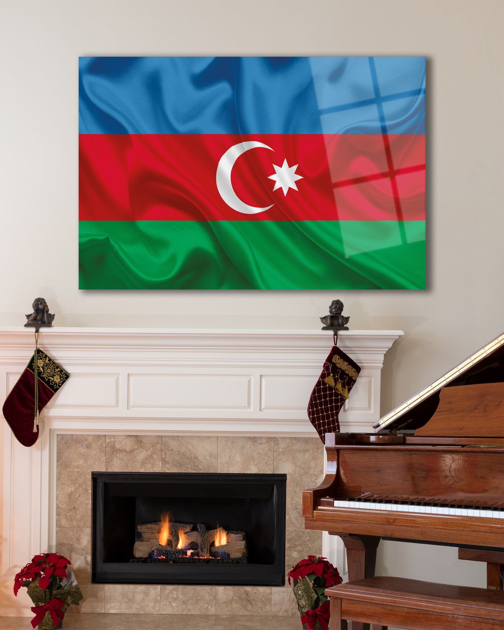 Azerbaycan Bayrağı Cam Tablo 4mm Dayanıklı Temperli Cam,Azerbaijan Flag Glass Wall Art