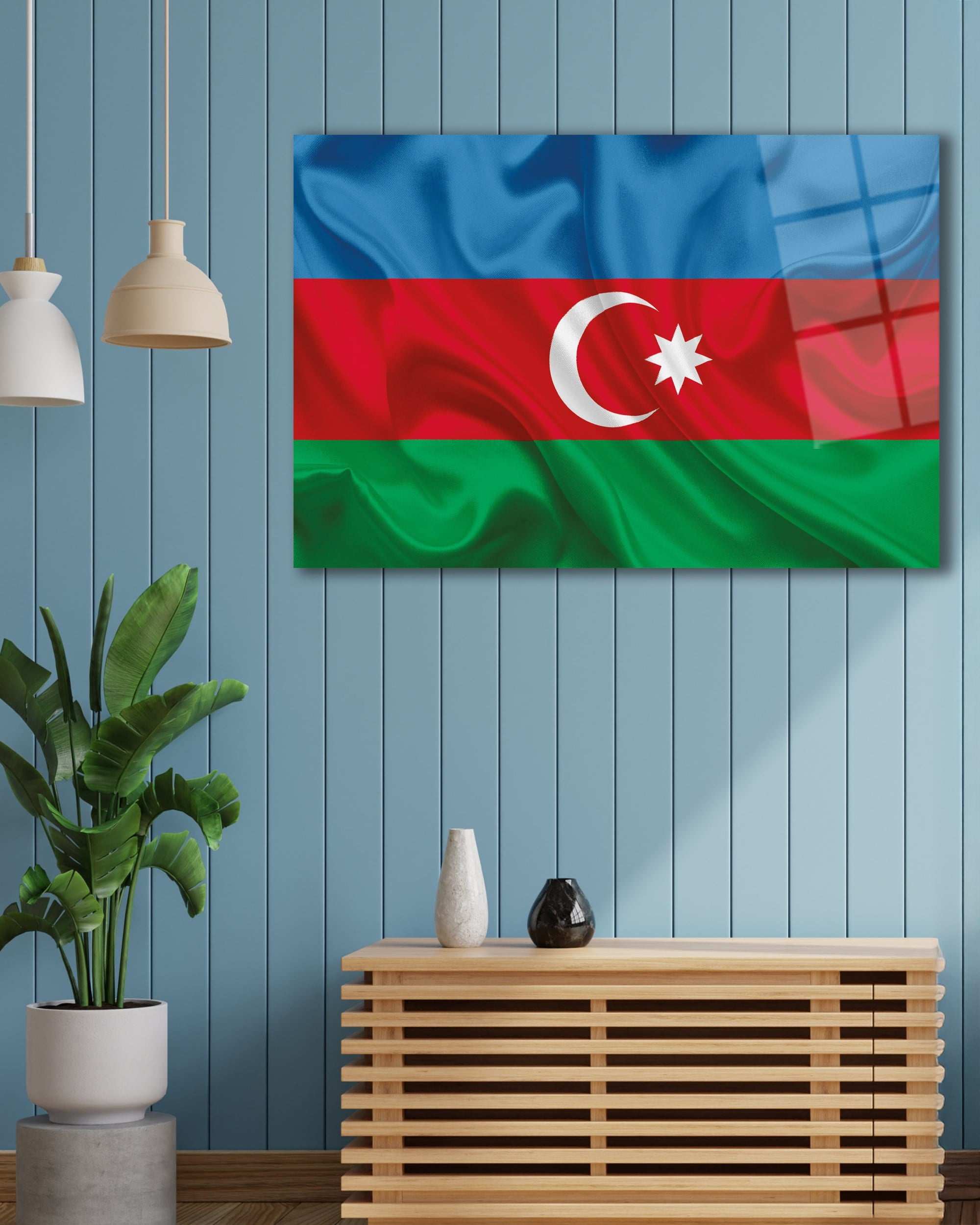 Azerbaycan Bayrağı Cam Tablo 4mm Dayanıklı Temperli Cam,Azerbaijan Flag Glass Wall Art