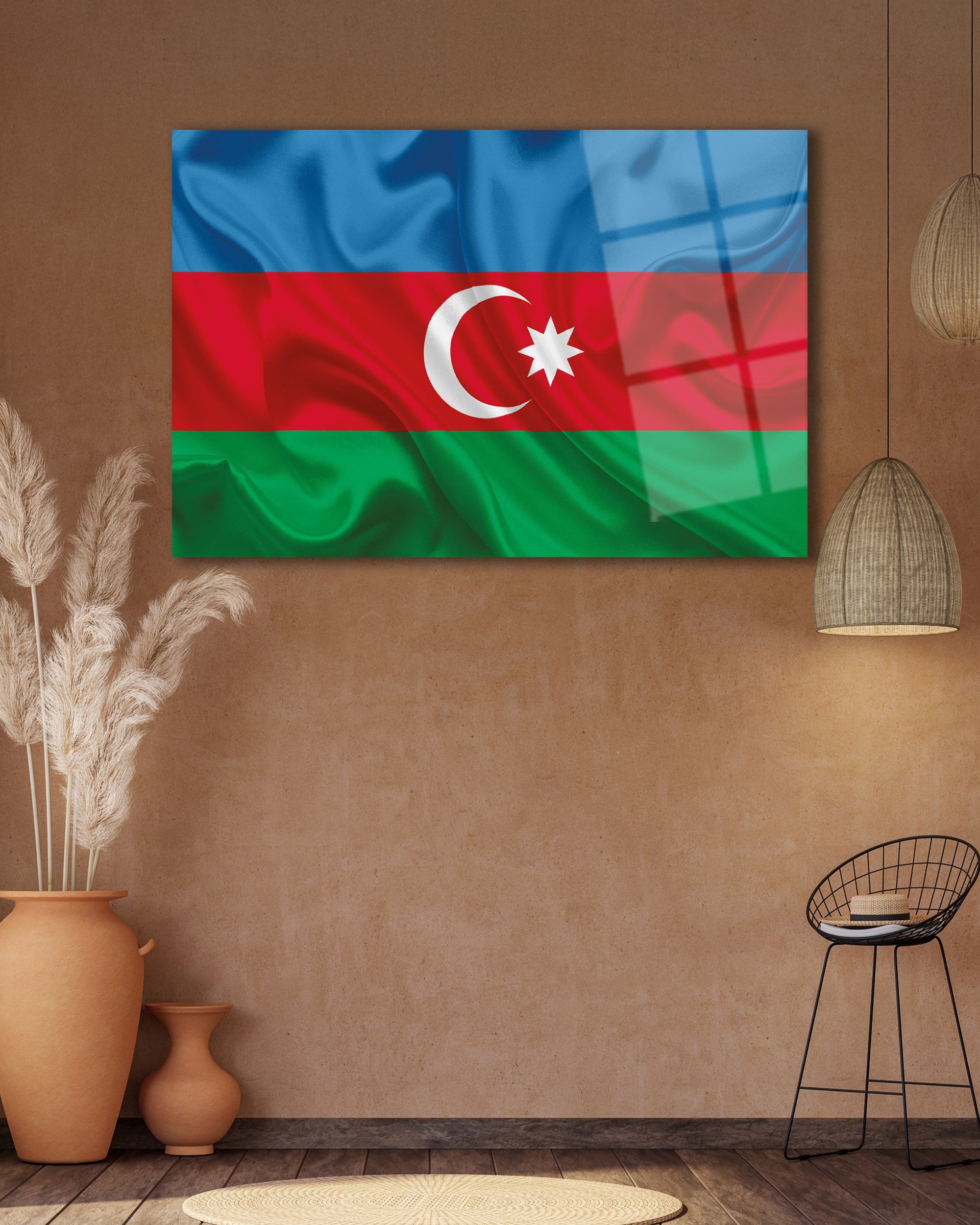 Azerbaycan Bayrağı Cam Tablo 4mm Dayanıklı Temperli Cam,Azerbaijan Flag Glass Wall Art