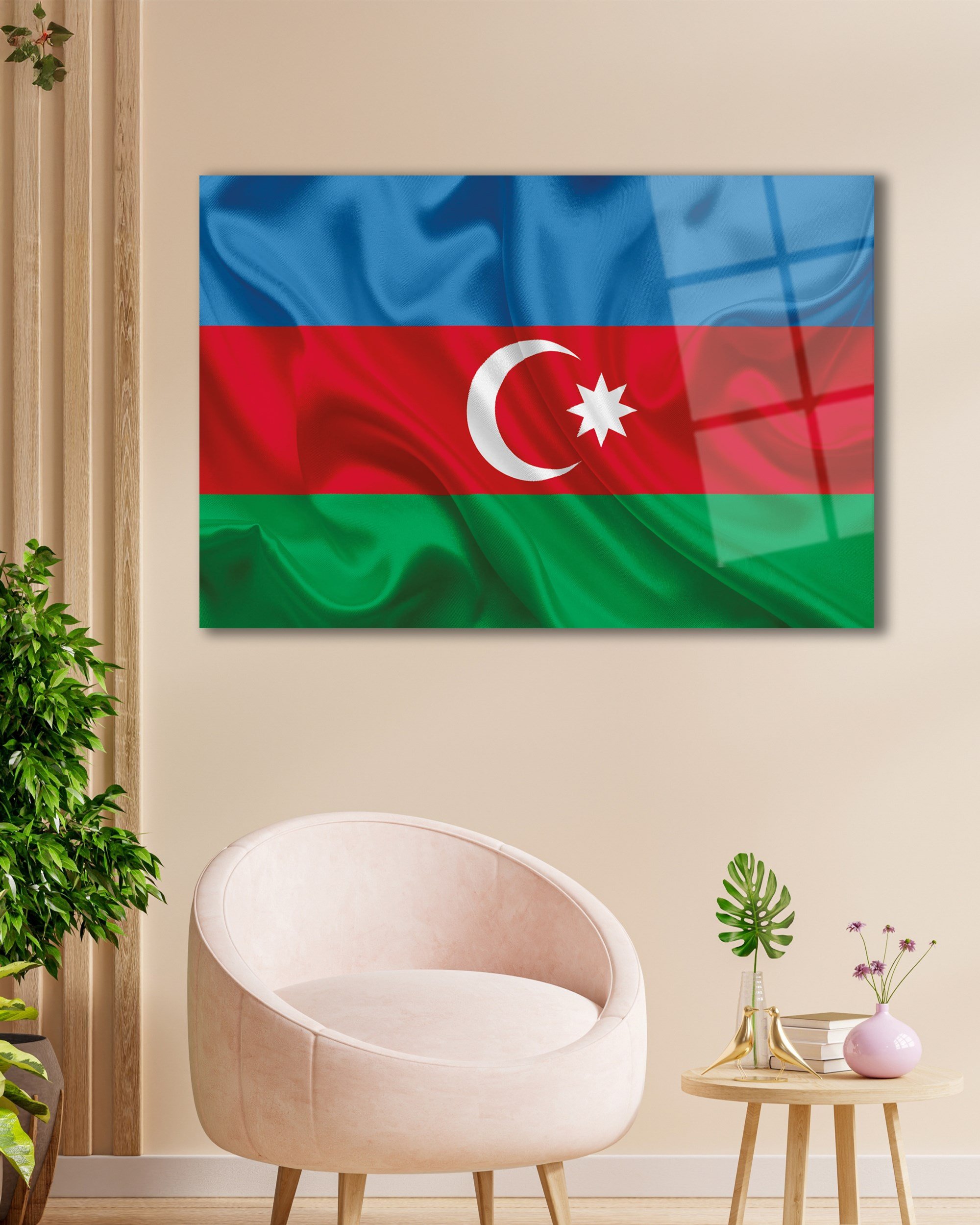 Azerbaycan Bayrağı Cam Tablo 4mm Dayanıklı Temperli Cam,Azerbaijan Flag Glass Wall Art