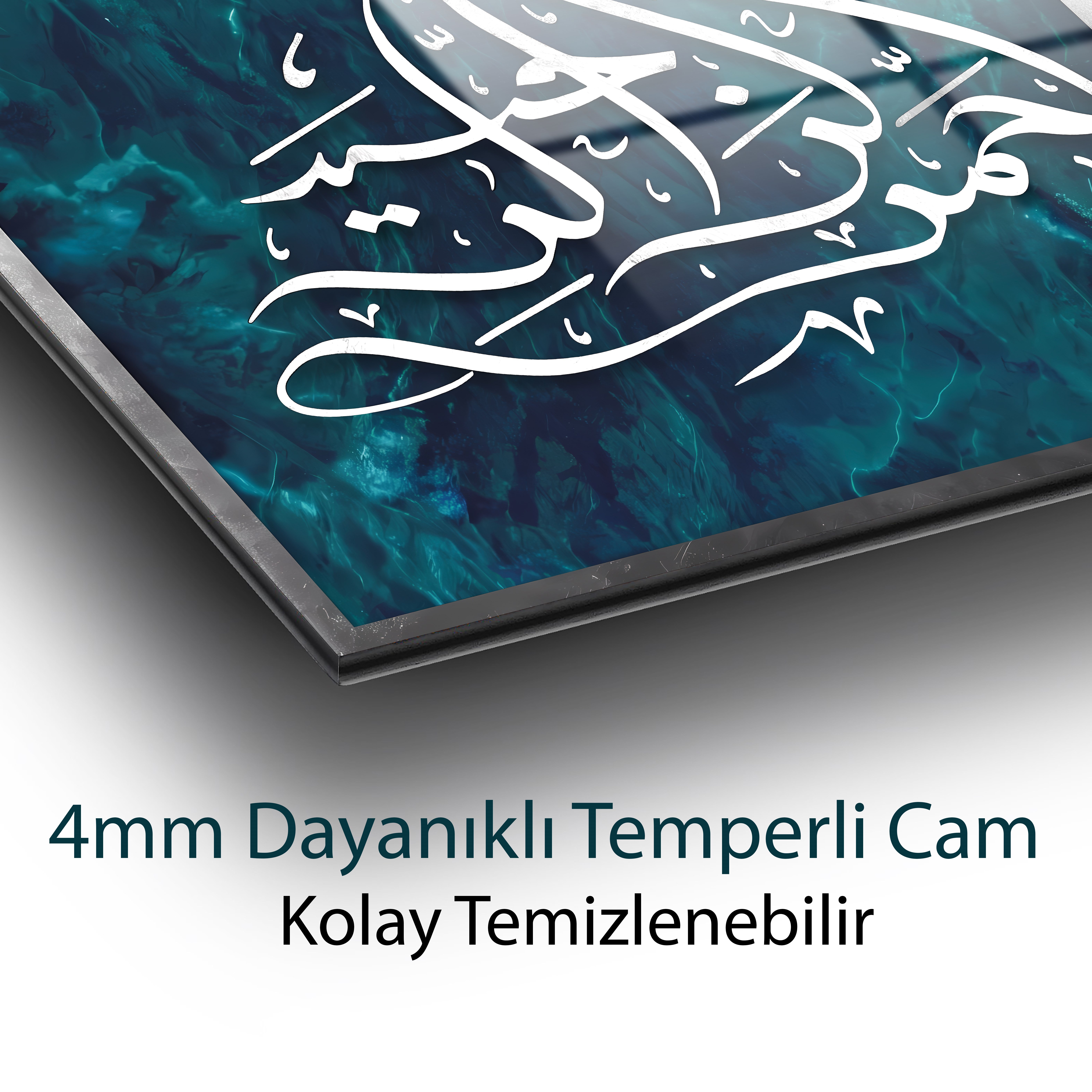 Besmele Hat Sanatı Cam Tablo | Turkuaz Mermer Desenli İslami Duvar Tablosu | Temperli Cam Tablo