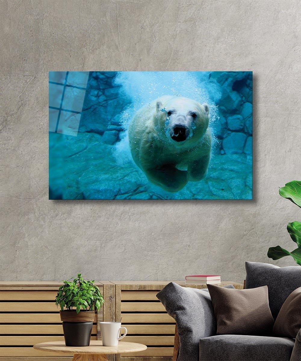 Beyaz Kutup Ayısı Cam Tablo  4mm Dayanıklı Temperli Cam, Ice Bear Glass Wall Art