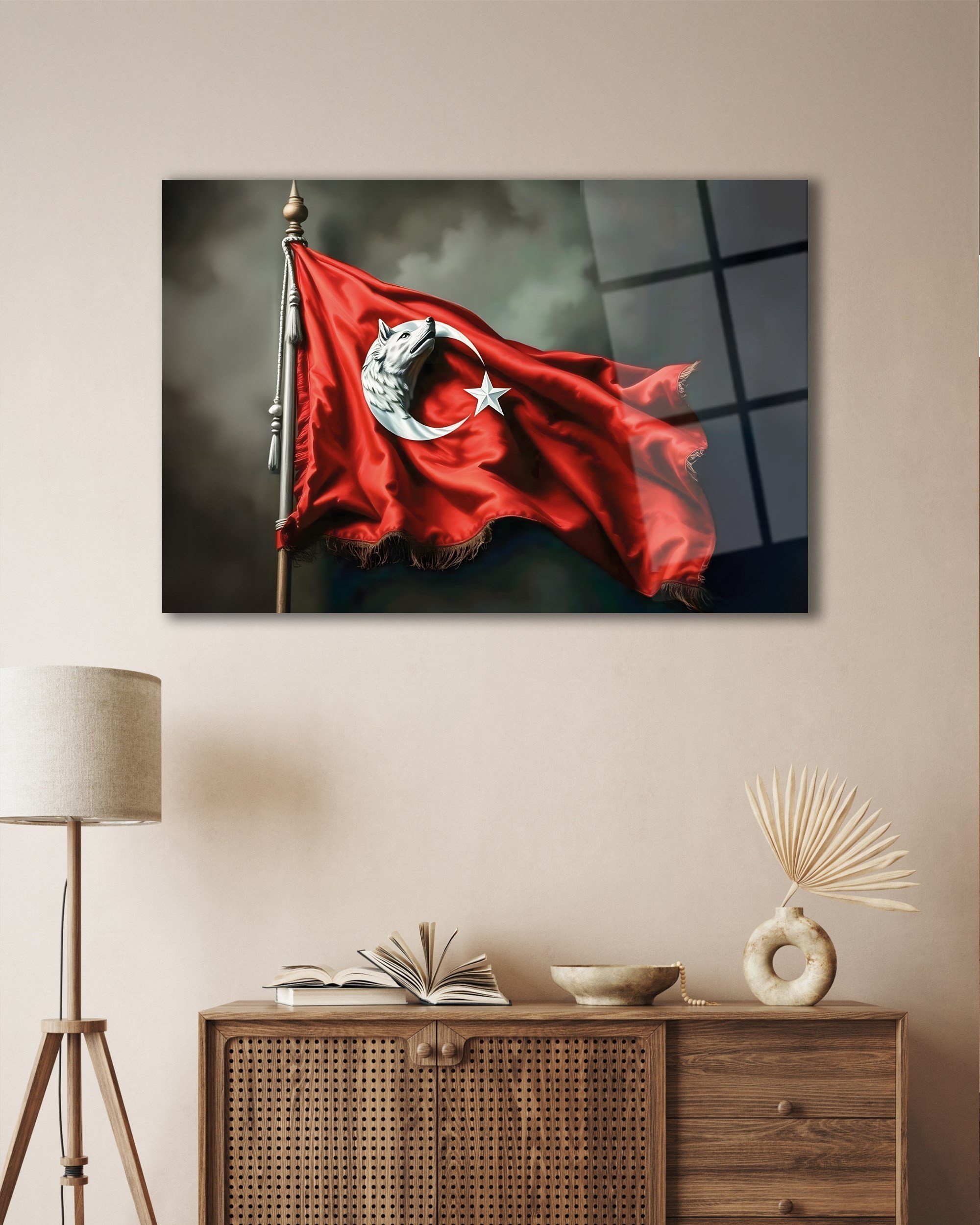 Bozkurt ve Ay Yıldız Türk Bayrağı Temperli Cam Tablo