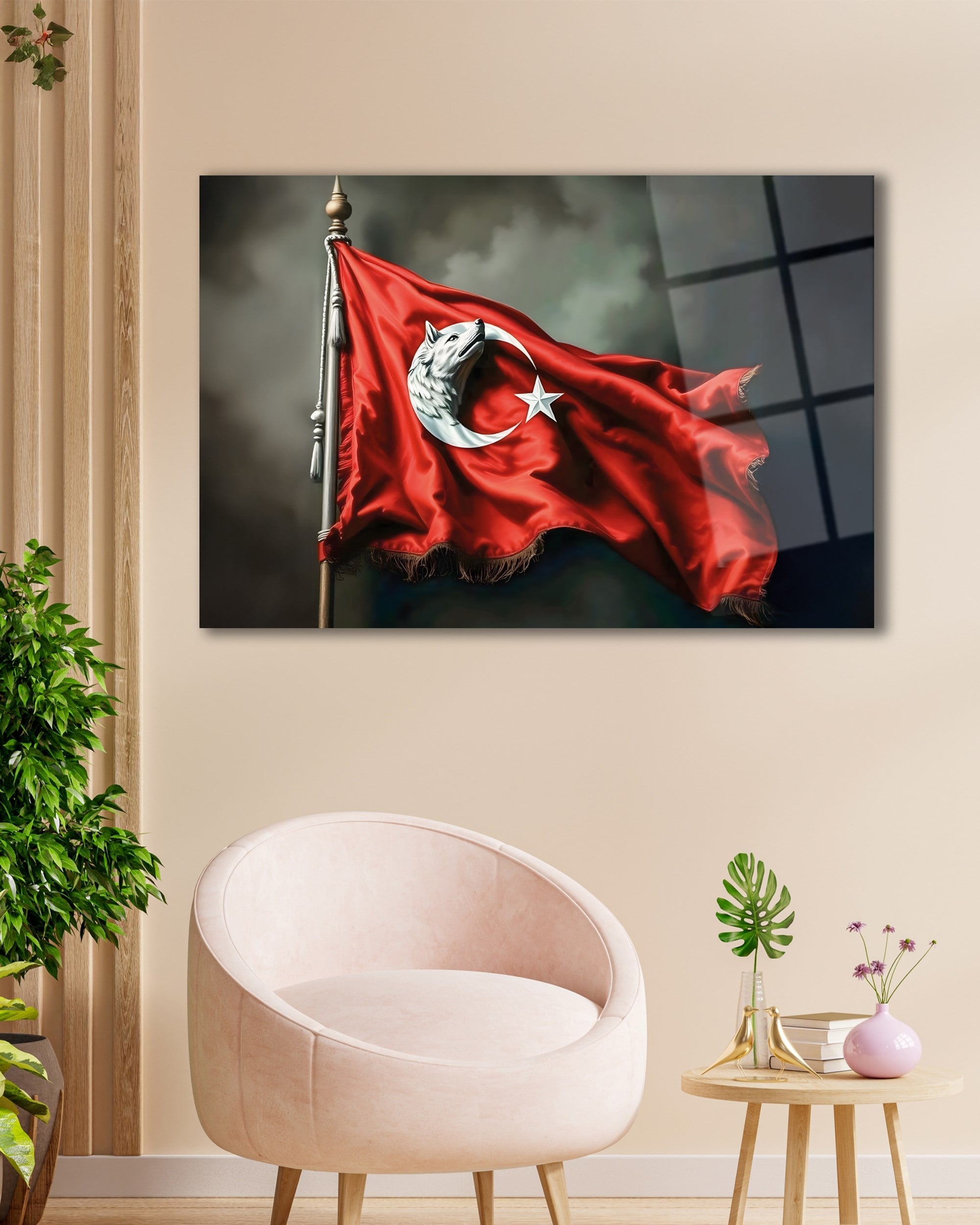 Bozkurt ve Ay Yıldız Türk Bayrağı Temperli Cam Tablo