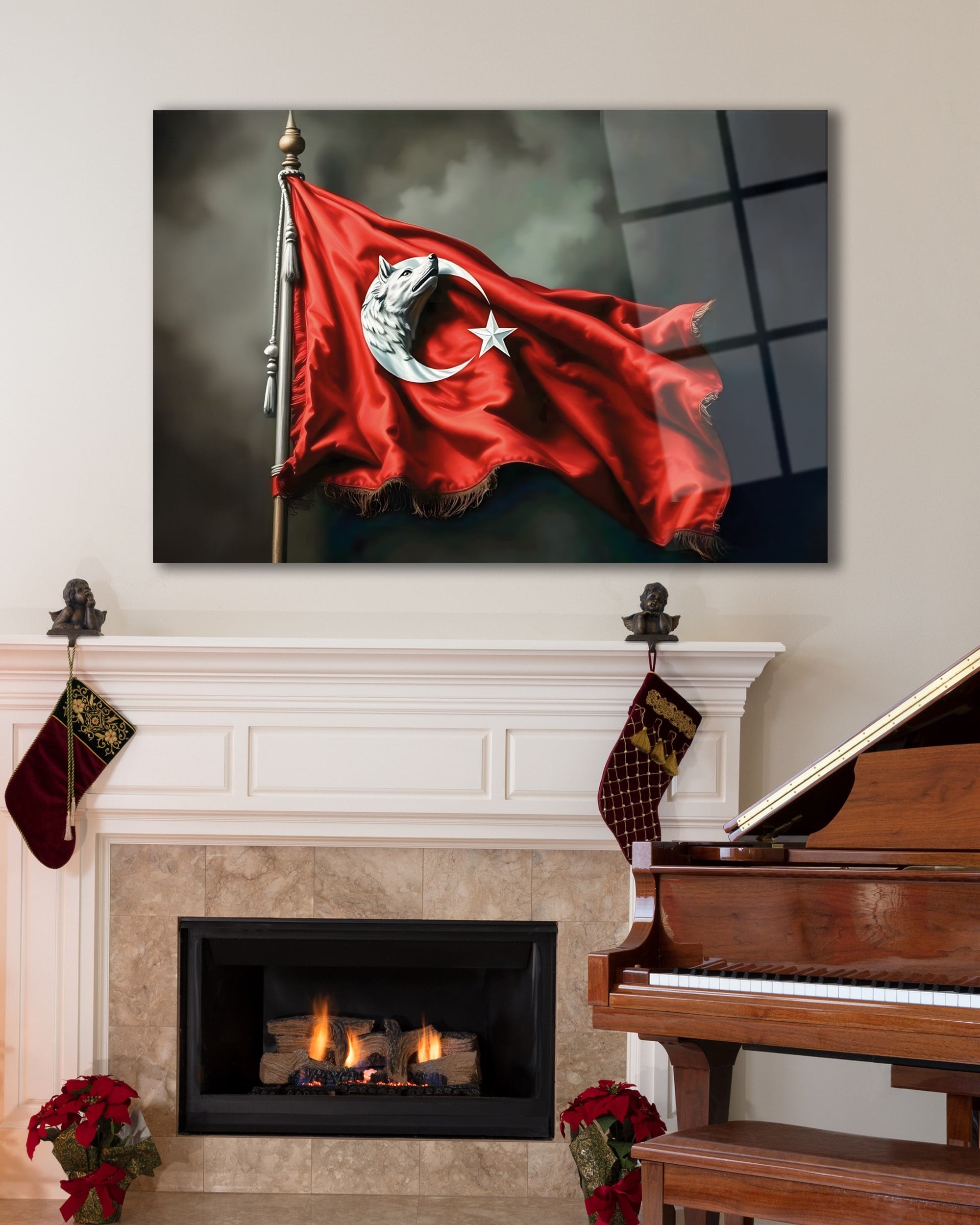 Bozkurt ve Ay Yıldız Türk Bayrağı Temperli Cam Tablo