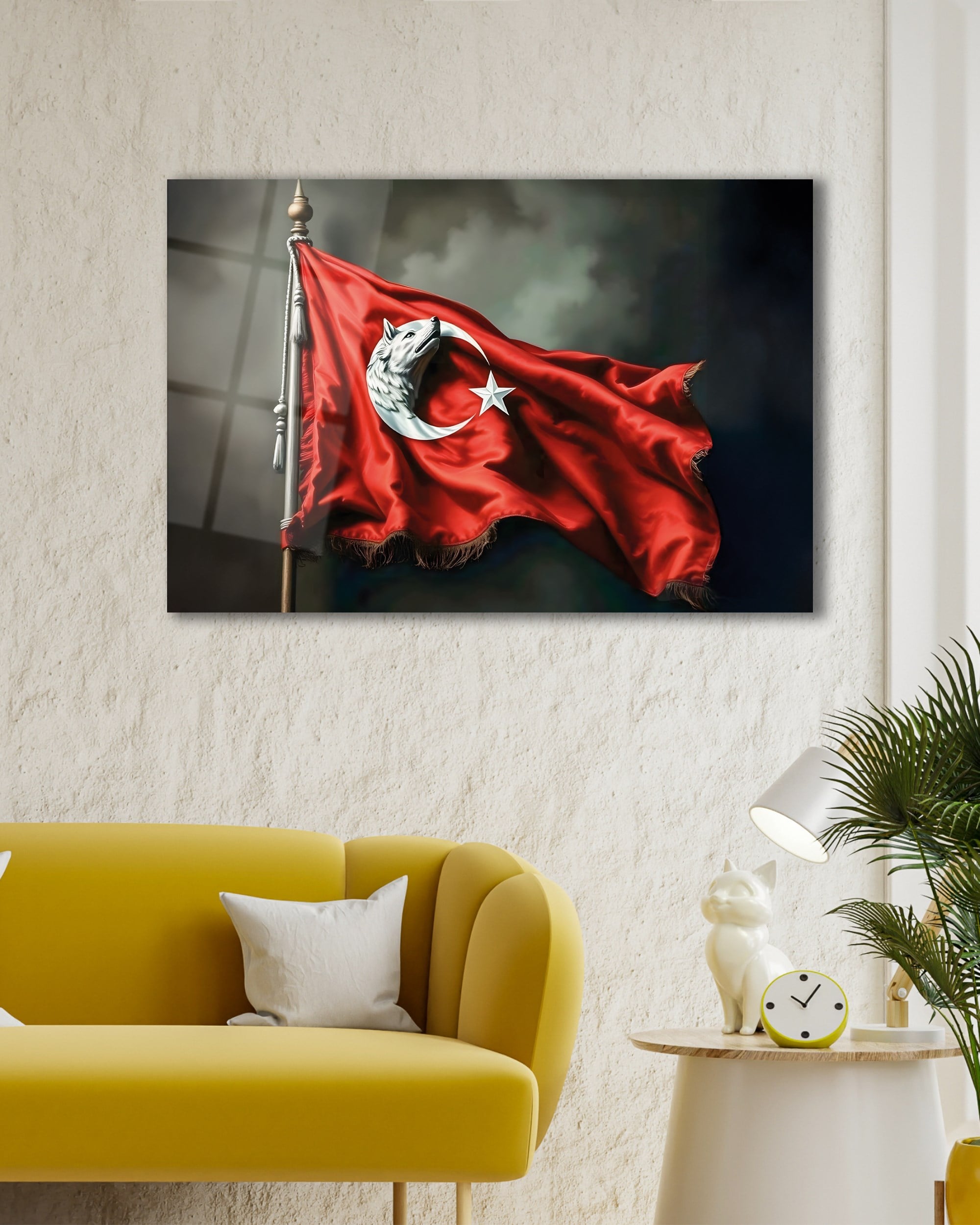 Bozkurt ve Ay Yıldız Türk Bayrağı Temperli Cam Tablo