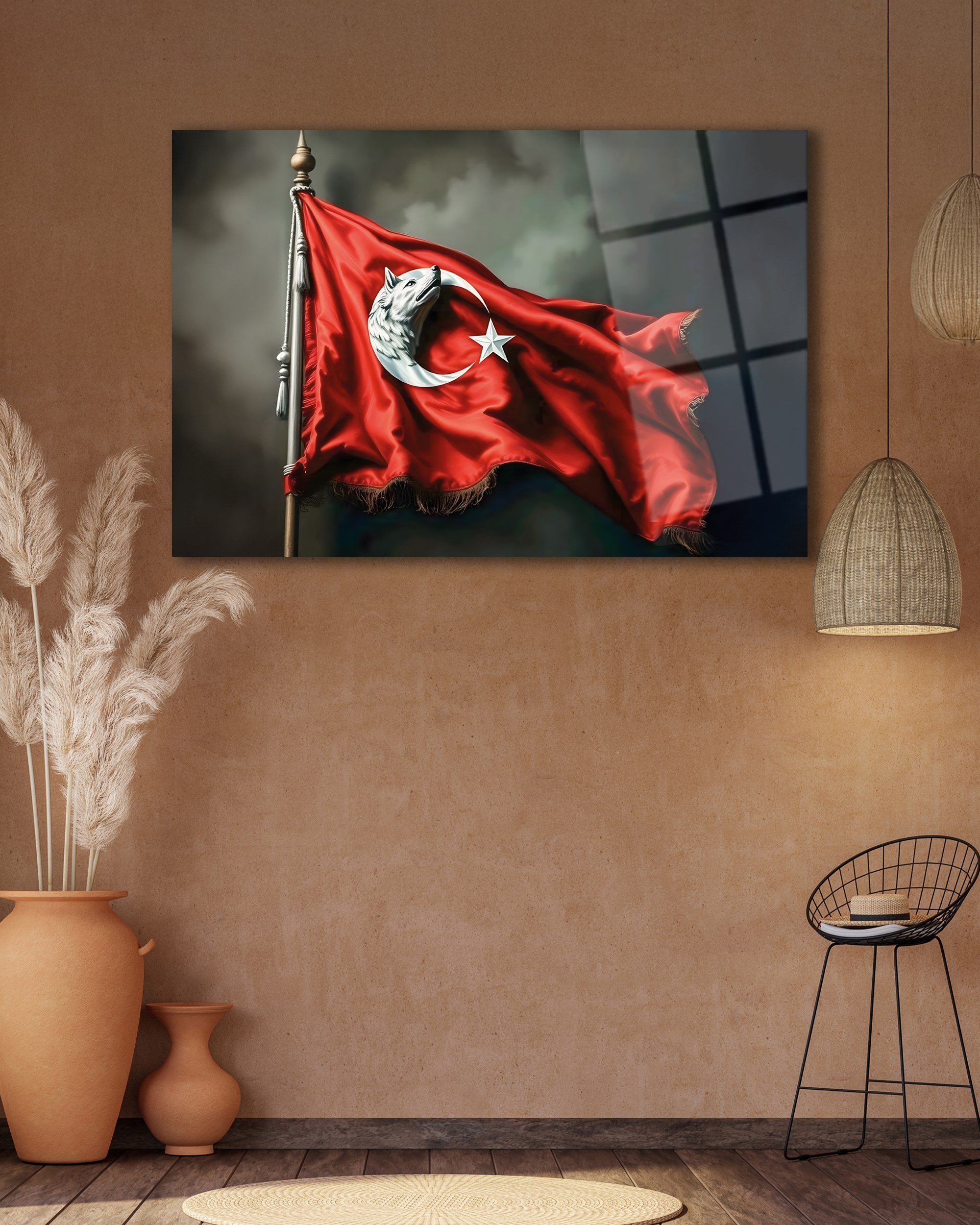 Bozkurt ve Ay Yıldız Türk Bayrağı Temperli Cam Tablo