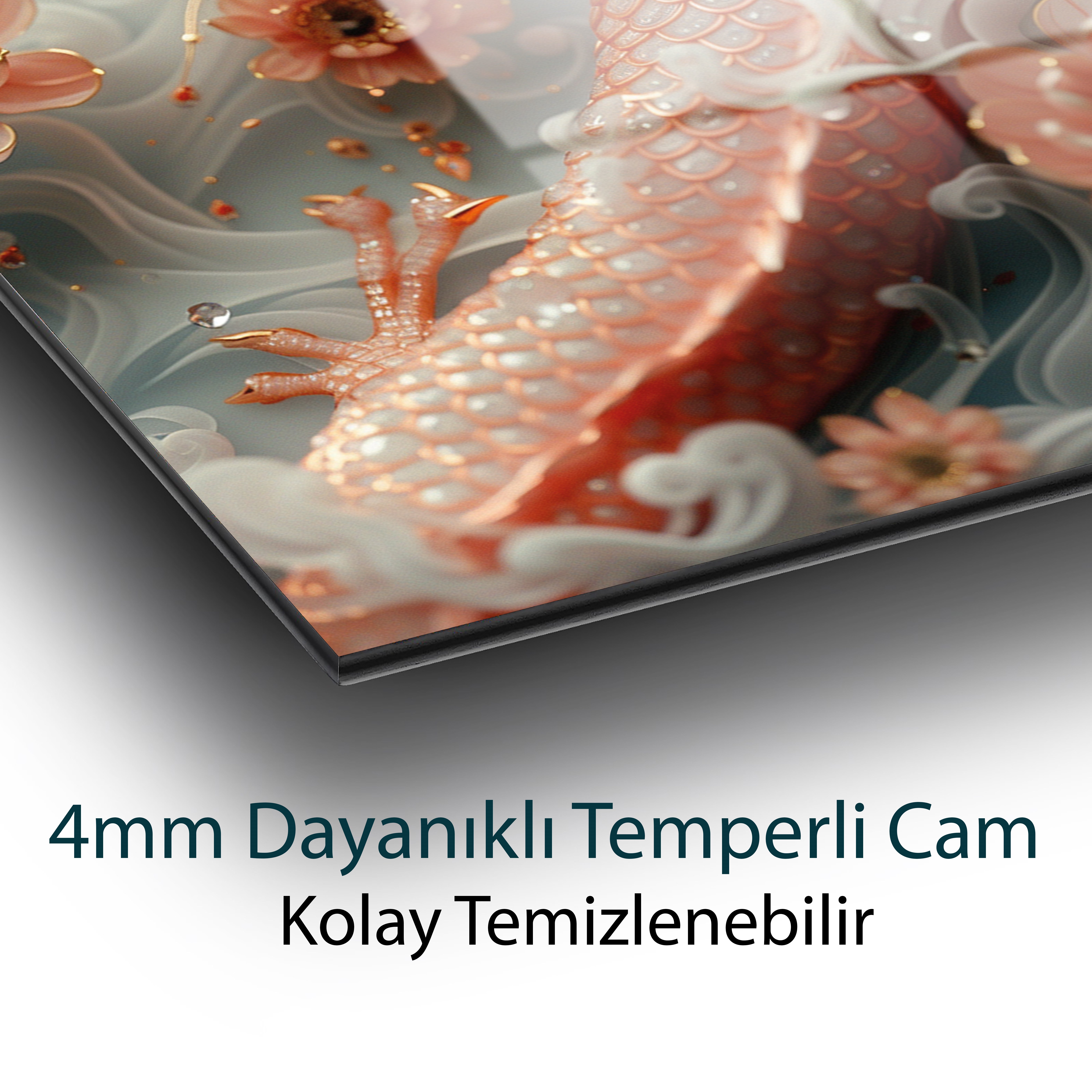 Çiçekler Arasında Ejderhanın Dansı Cam Tablo Hediyelik Büyük Tablo Ev Ofis Dekoru