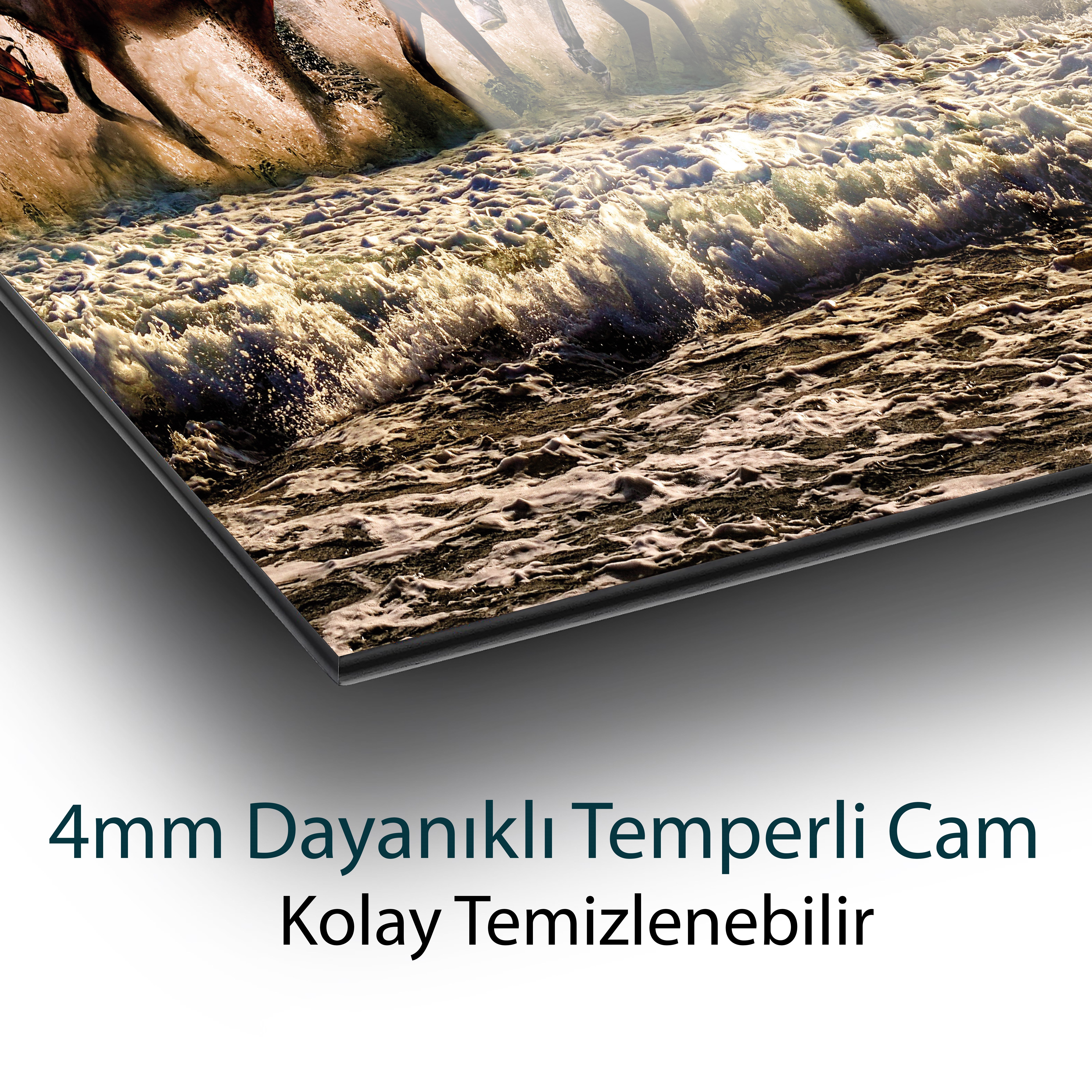 Denizde Koşan Atlar  Cam Tablo Hediyelik Büyük Tablo Ev Ofis Dekoru
