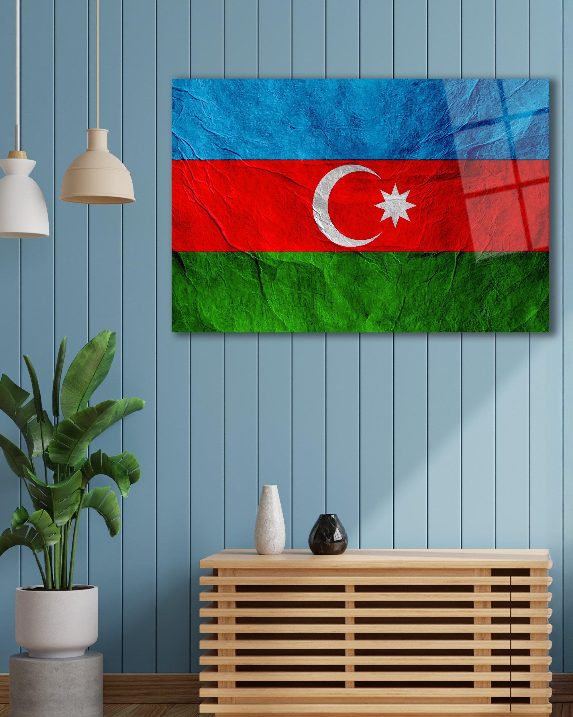 Dokulu Azerbaycan Bayrağı Cam Tablo | Modern Bayrak Tasarımlı Temperli Cam Duvar Tablosu | 4 mm Dekoratif Cam Tablo