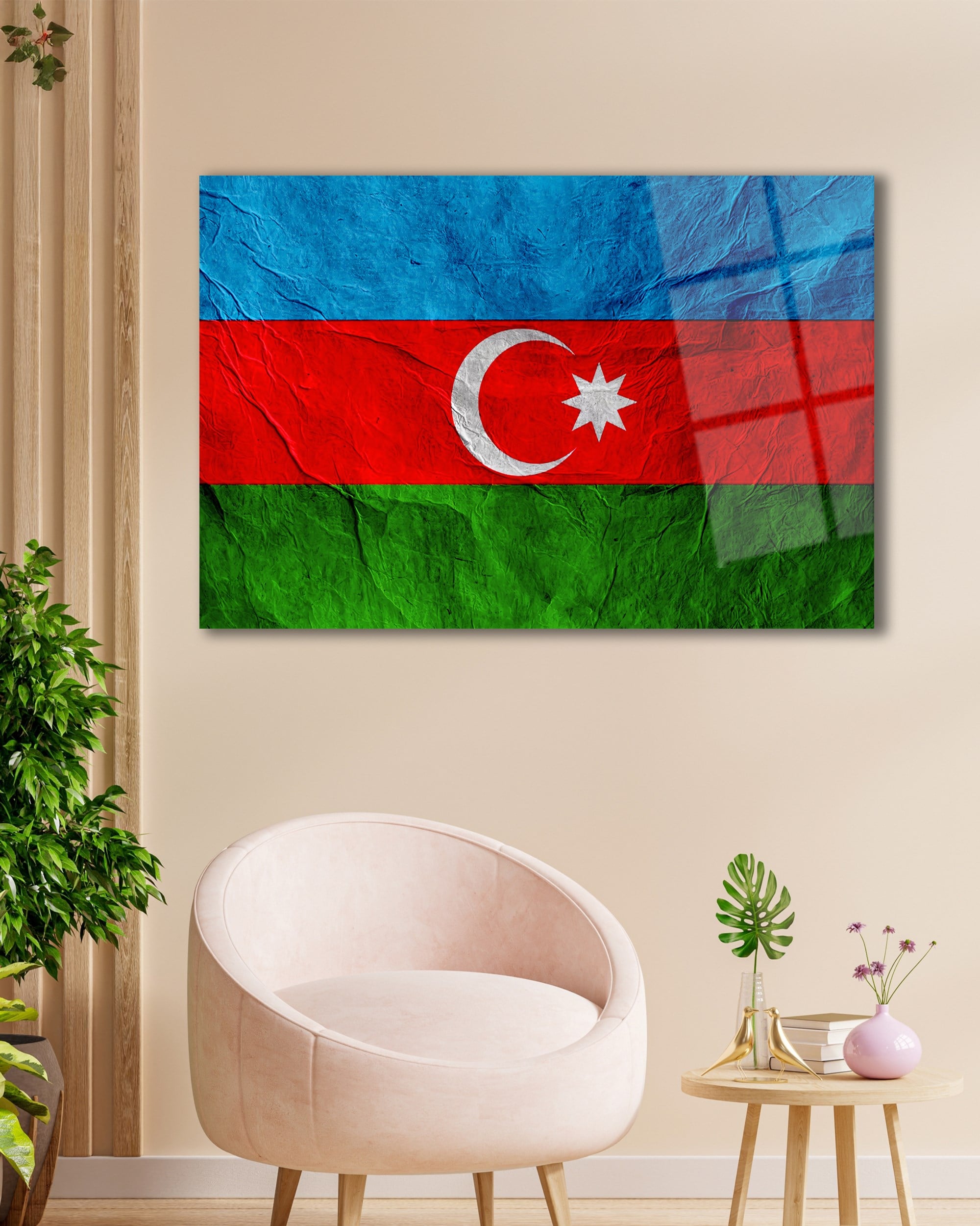 Dokulu Azerbaycan Bayrağı Cam Tablo | Modern Bayrak Tasarımlı Temperli Cam Duvar Tablosu | 4 mm Dekoratif Cam Tablo