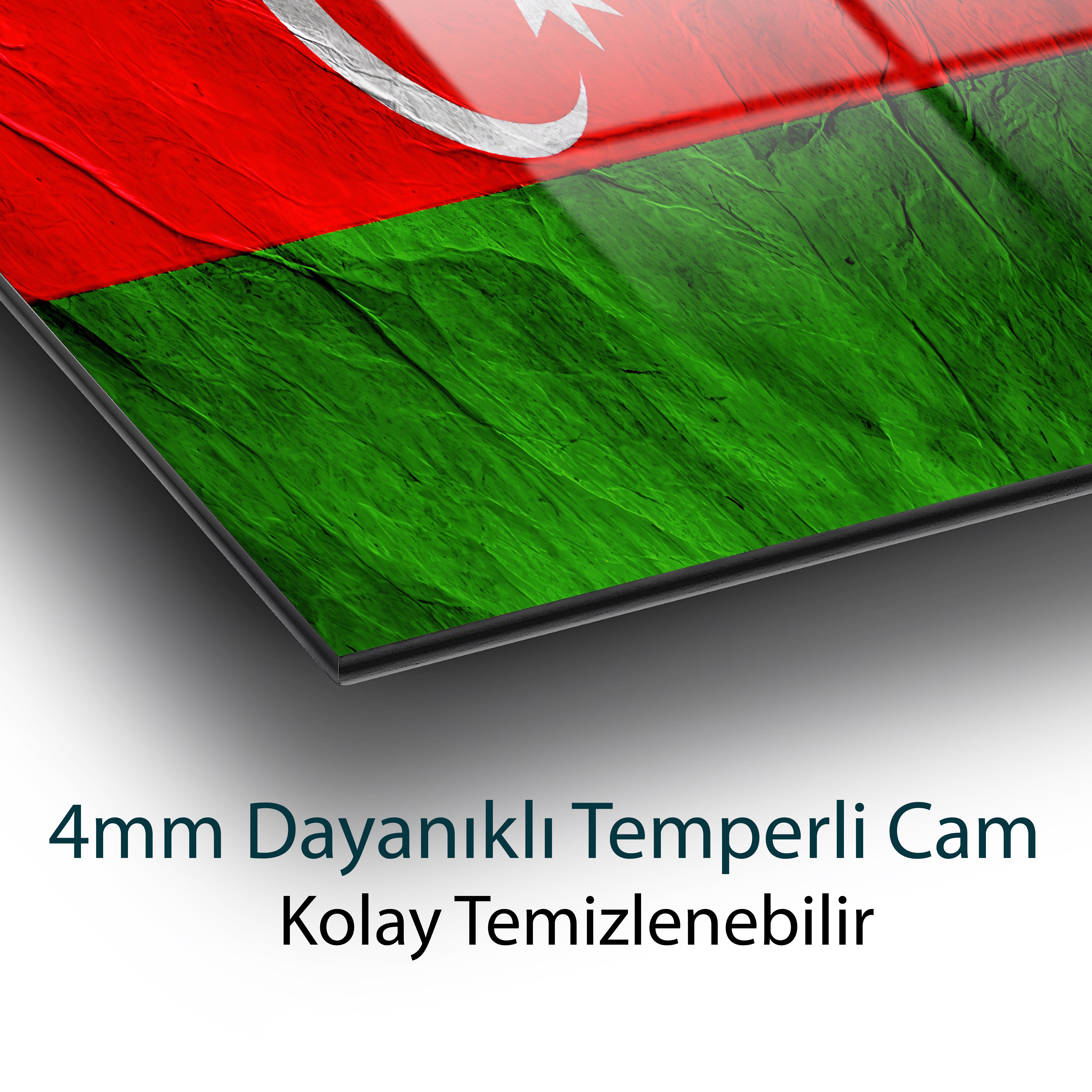 Dokulu Azerbaycan Bayrağı Cam Tablo | Modern Bayrak Tasarımlı Temperli Cam Duvar Tablosu | 4 mm Dekoratif Cam Tablo