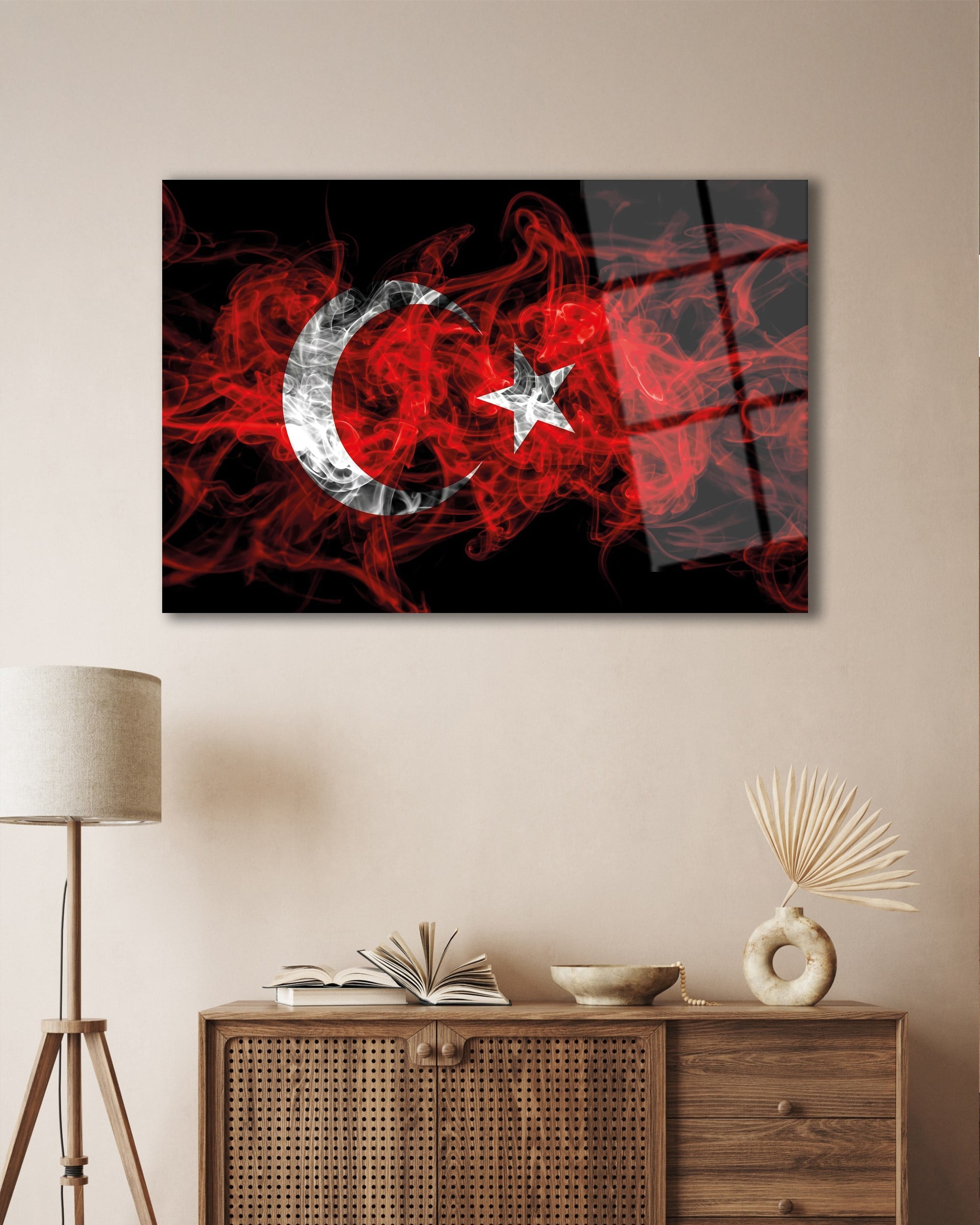 Duman Efektli Ay Yıldız Türk Bayrağı Temperli Cam Tablo