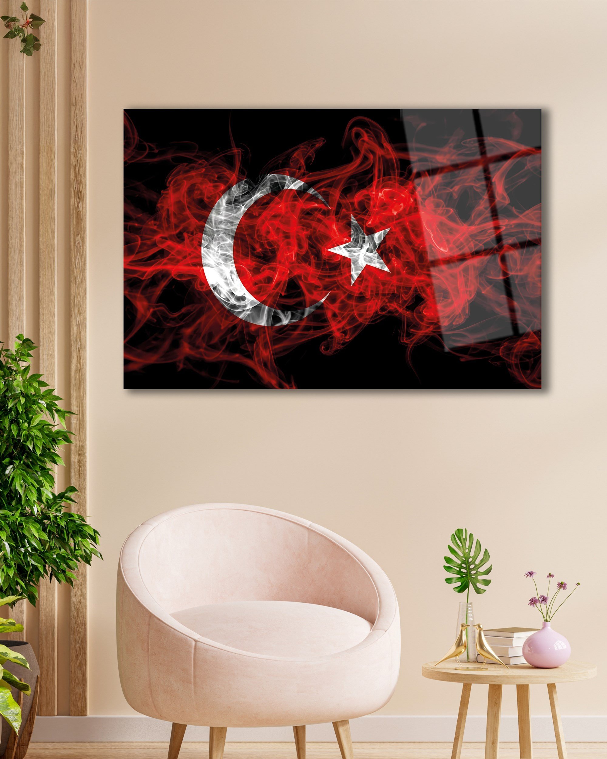 Duman Efektli Ay Yıldız Türk Bayrağı Temperli Cam Tablo