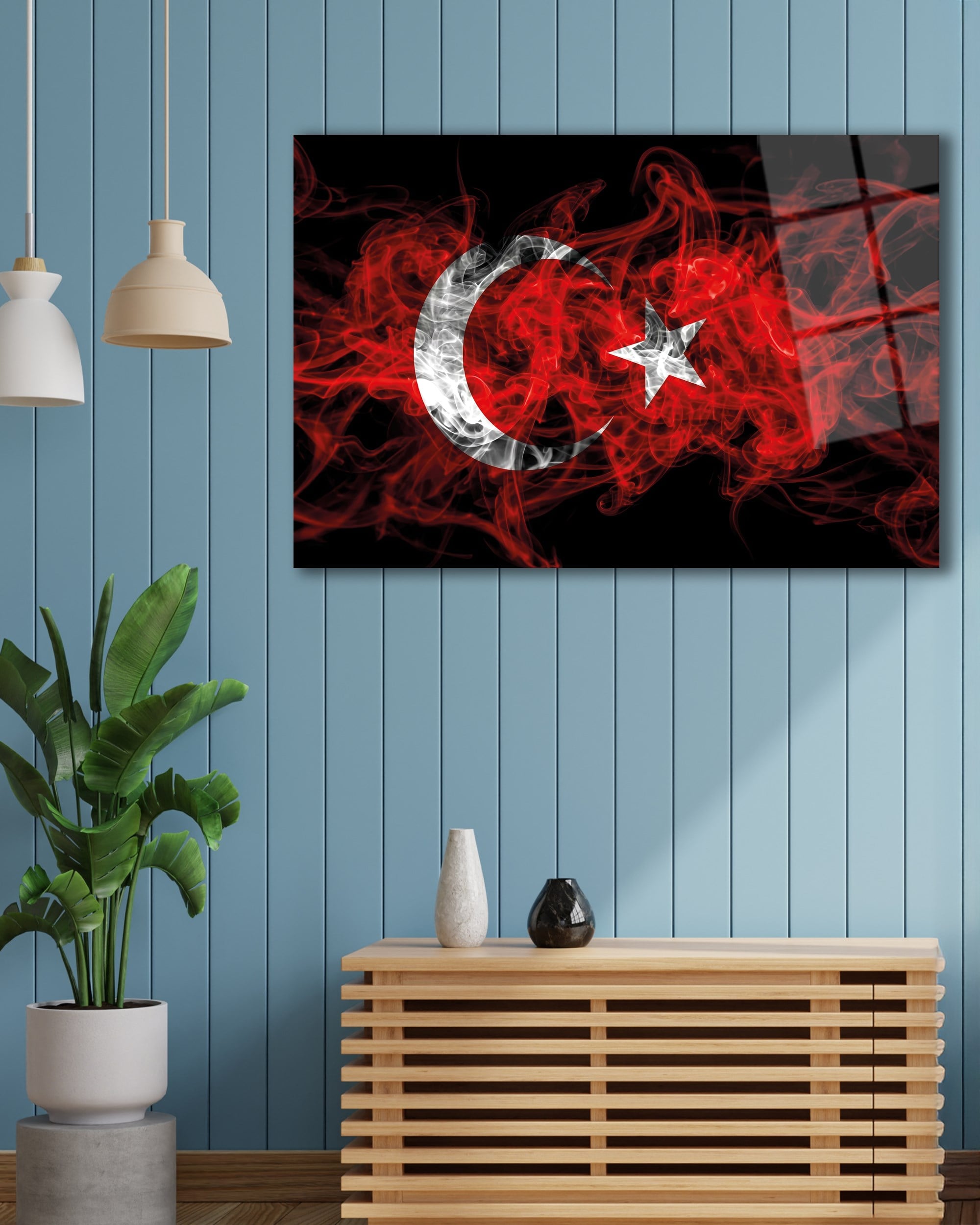 Duman Efektli Ay Yıldız Türk Bayrağı Temperli Cam Tablo