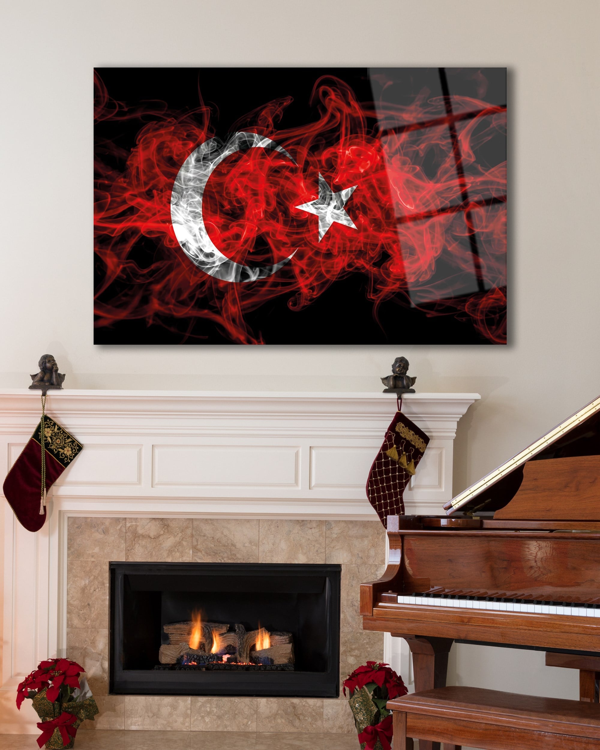 Duman Efektli Ay Yıldız Türk Bayrağı Temperli Cam Tablo