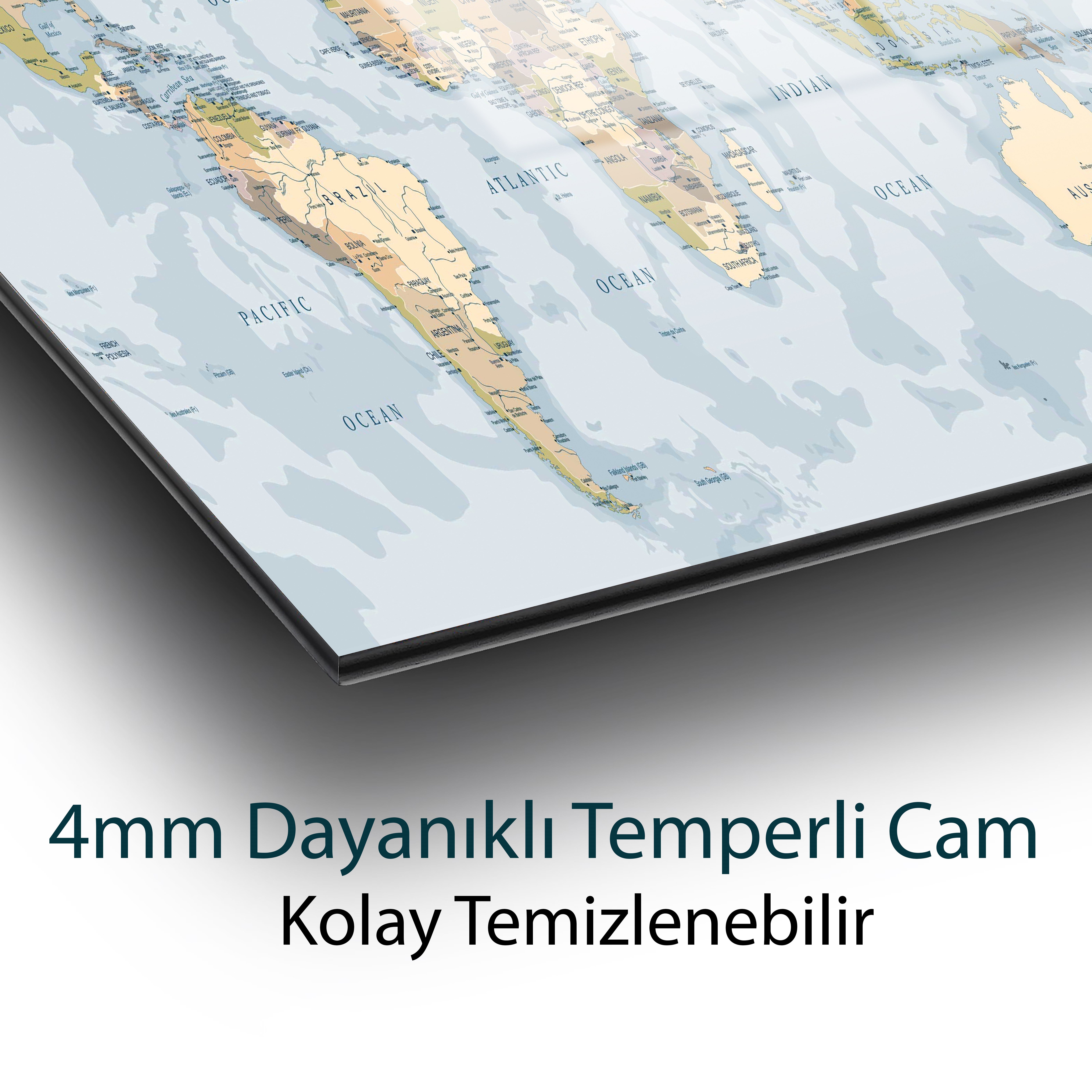 Dünya Haritası Cam Tablo Hediyelik Büyük Tablo Ev Ofis Dekoru