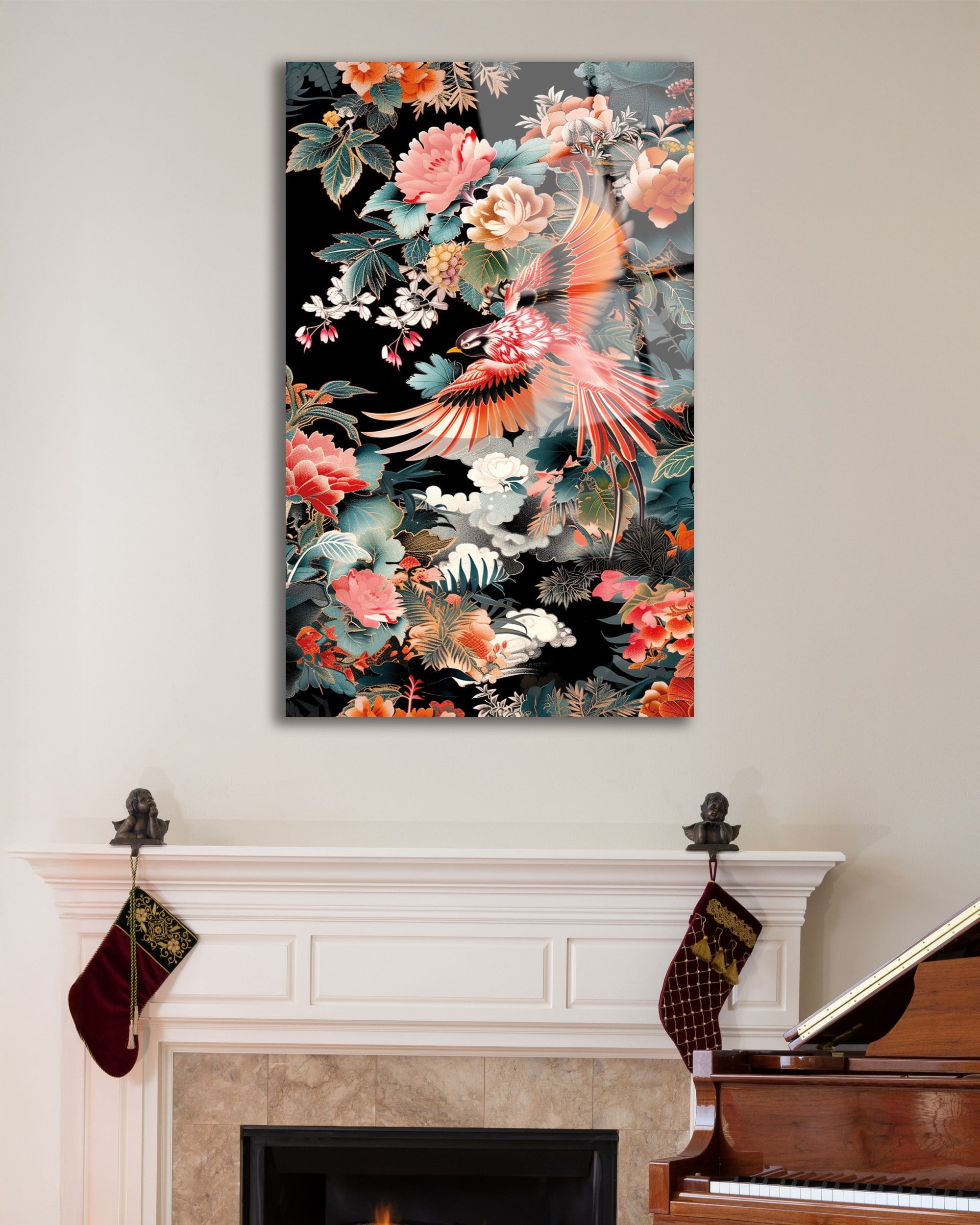 Egzotik Kuş ve Şakayık Çiçekleri Temperli Cam Tablo | Lüks Botanik Duvar Dekoru | Floral Sanat