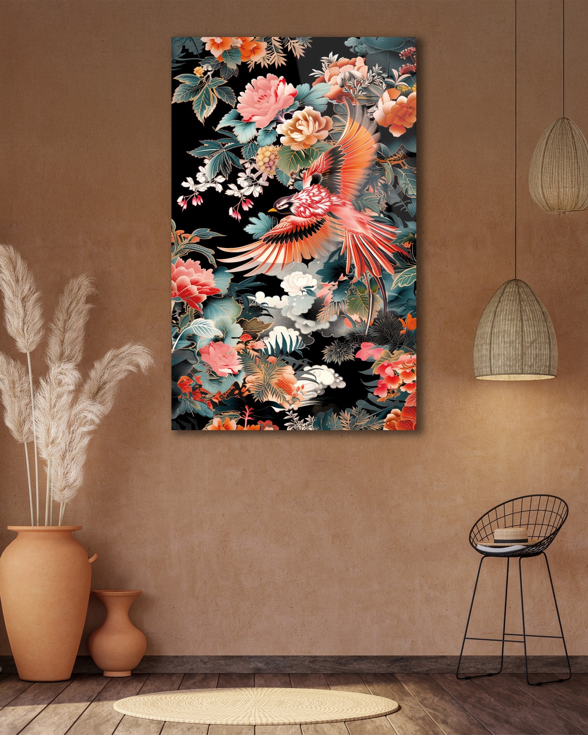 Egzotik Kuş ve Şakayık Çiçekleri Temperli Cam Tablo | Lüks Botanik Duvar Dekoru | Floral Sanat
