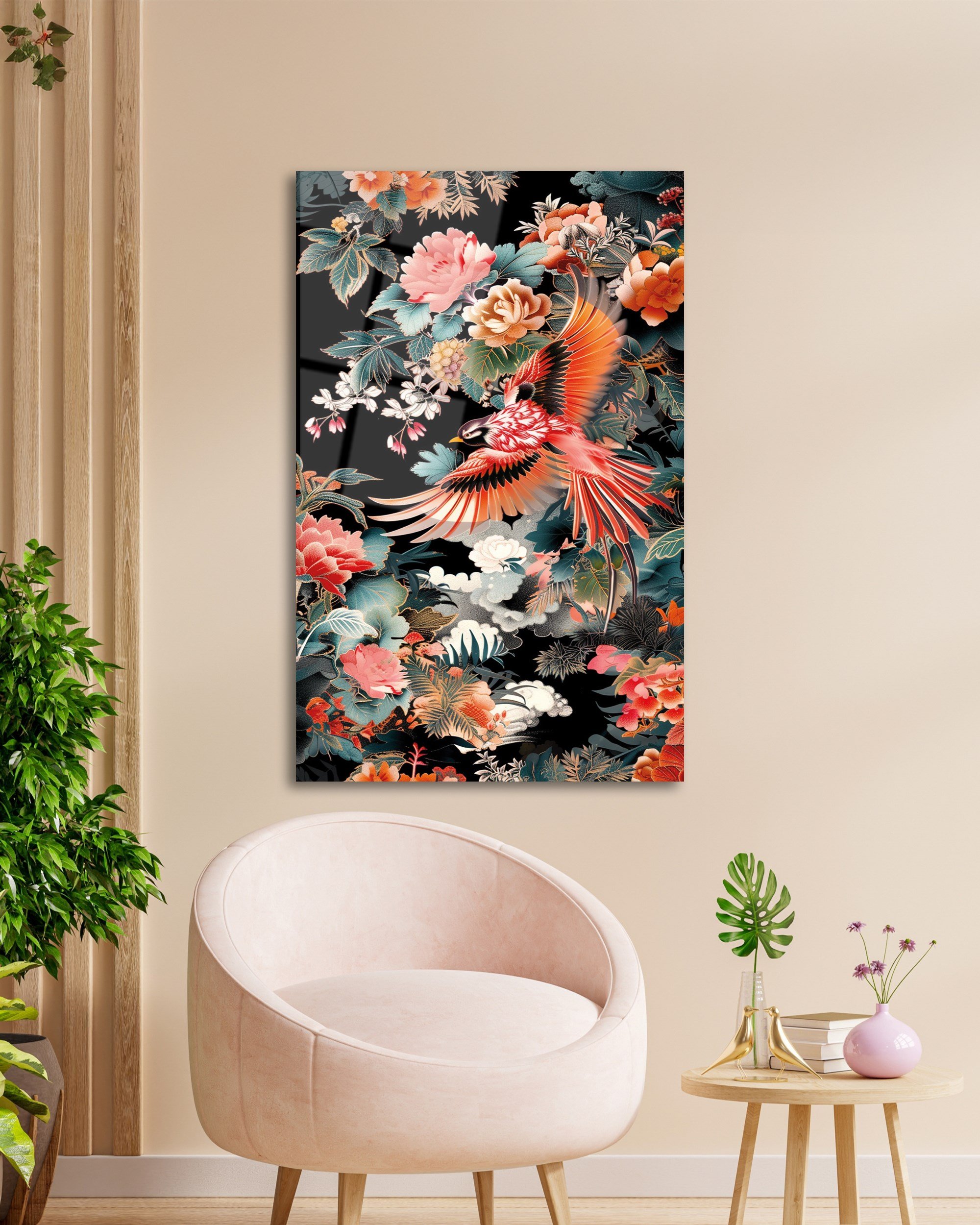 Egzotik Kuş ve Şakayık Çiçekleri Temperli Cam Tablo | Lüks Botanik Duvar Dekoru | Floral Sanat