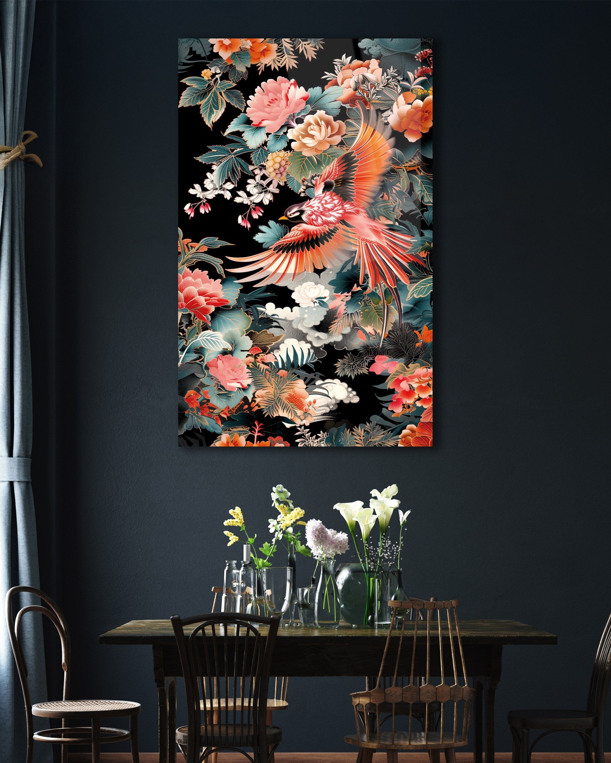 Egzotik Kuş ve Şakayık Çiçekleri Temperli Cam Tablo | Lüks Botanik Duvar Dekoru | Floral Sanat