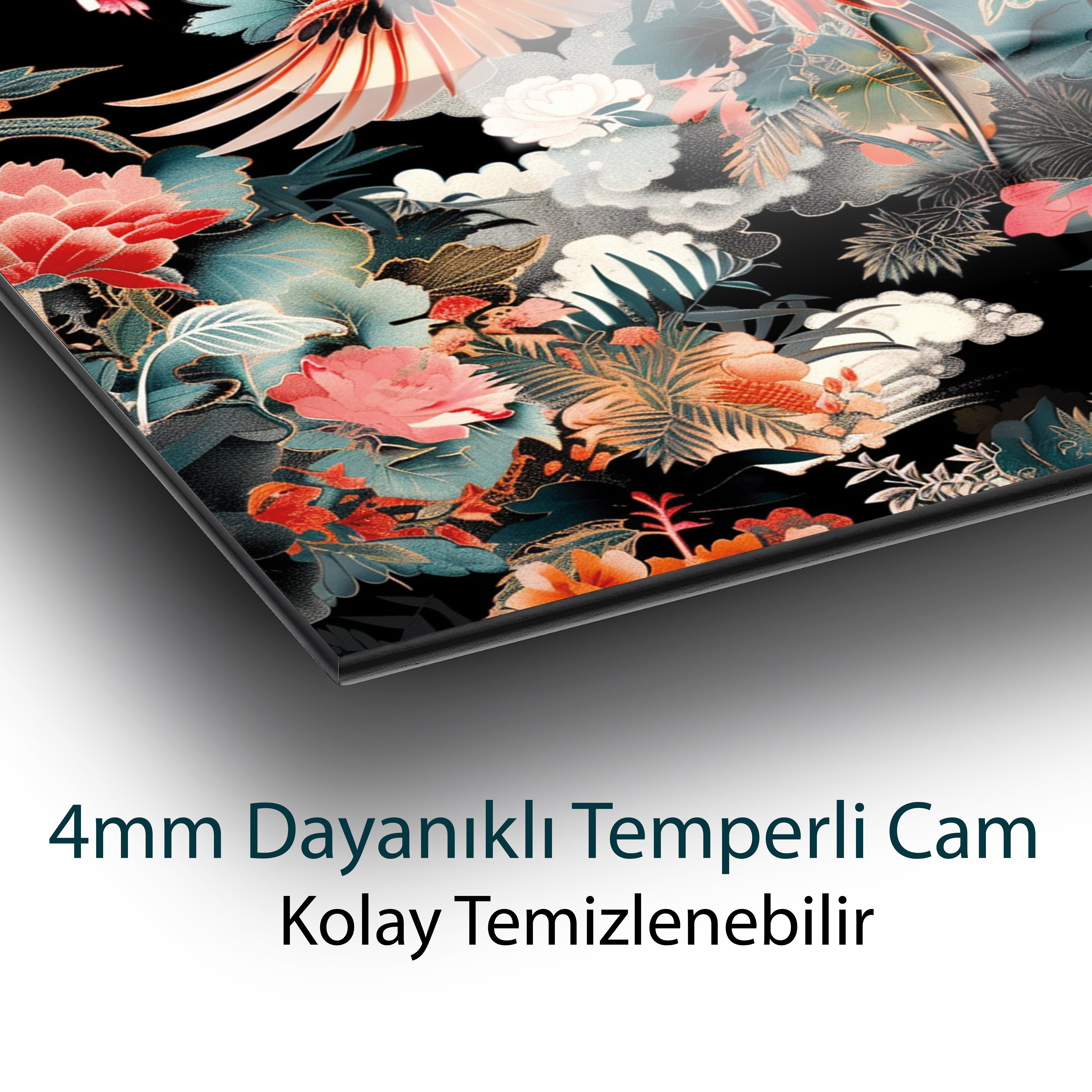 Egzotik Kuş ve Şakayık Çiçekleri Temperli Cam Tablo | Lüks Botanik Duvar Dekoru | Floral Sanat