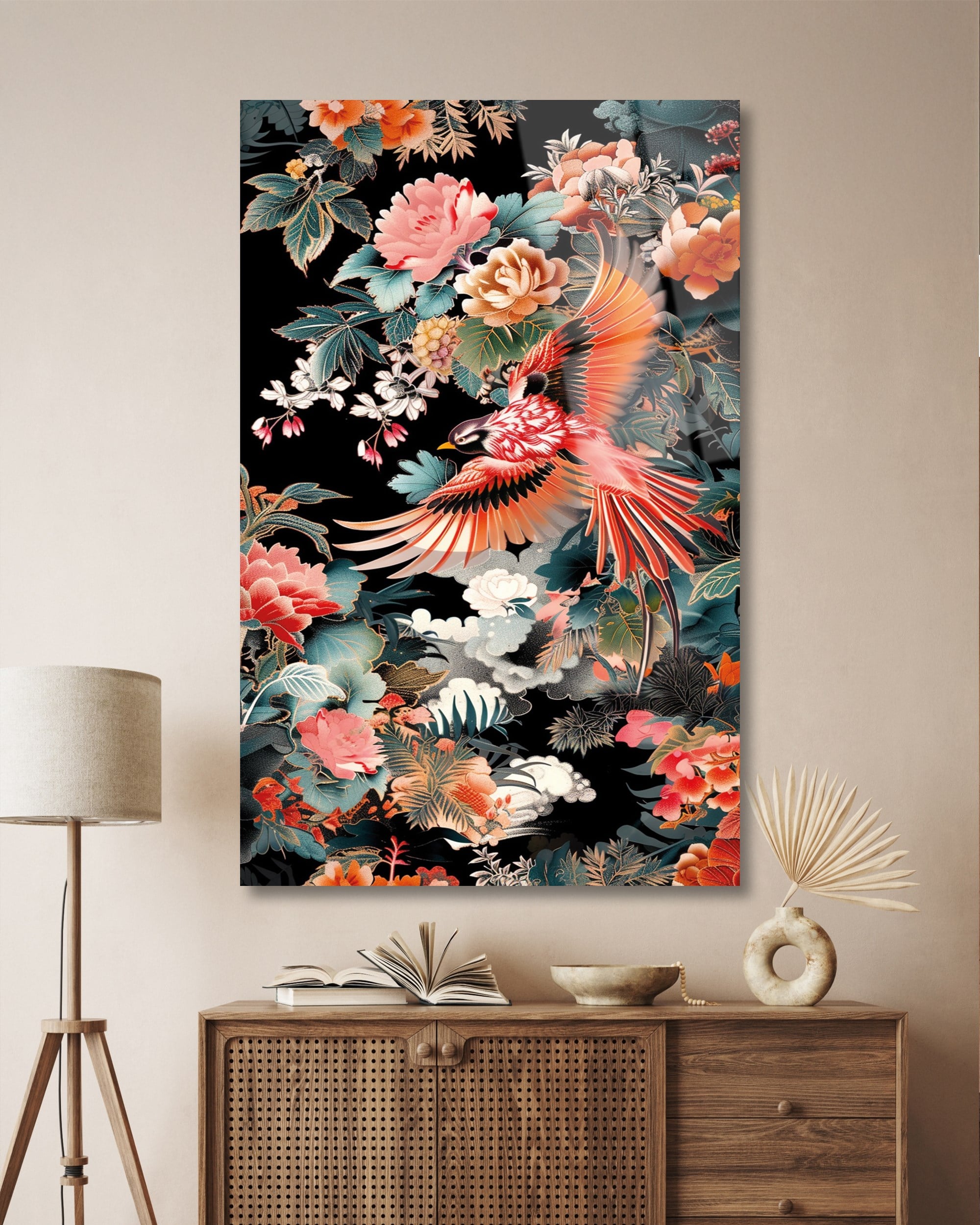 Egzotik Kuş ve Şakayık Çiçekleri Temperli Cam Tablo | Lüks Botanik Duvar Dekoru | Floral Sanat