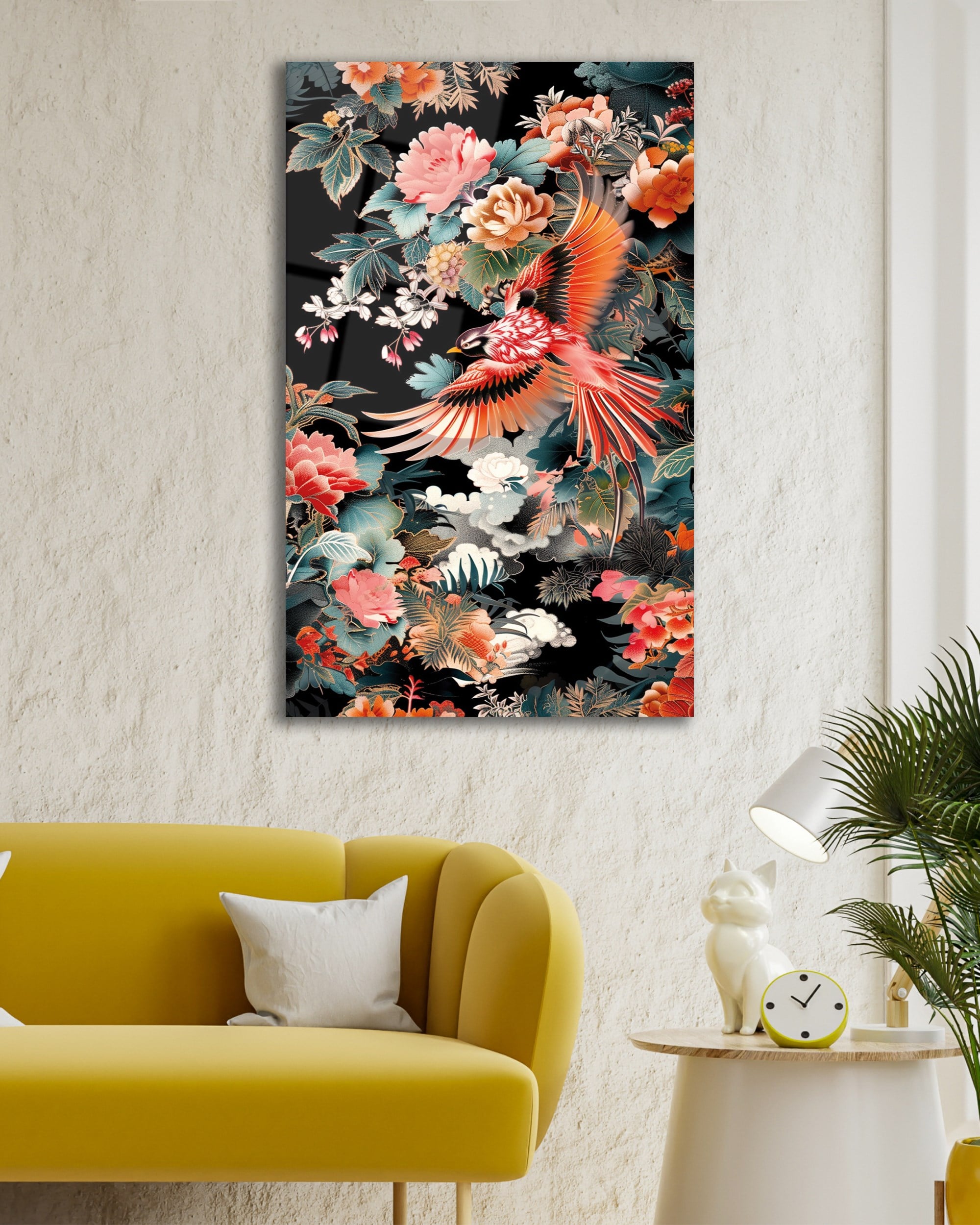 Egzotik Kuş ve Şakayık Çiçekleri Temperli Cam Tablo | Lüks Botanik Duvar Dekoru | Floral Sanat