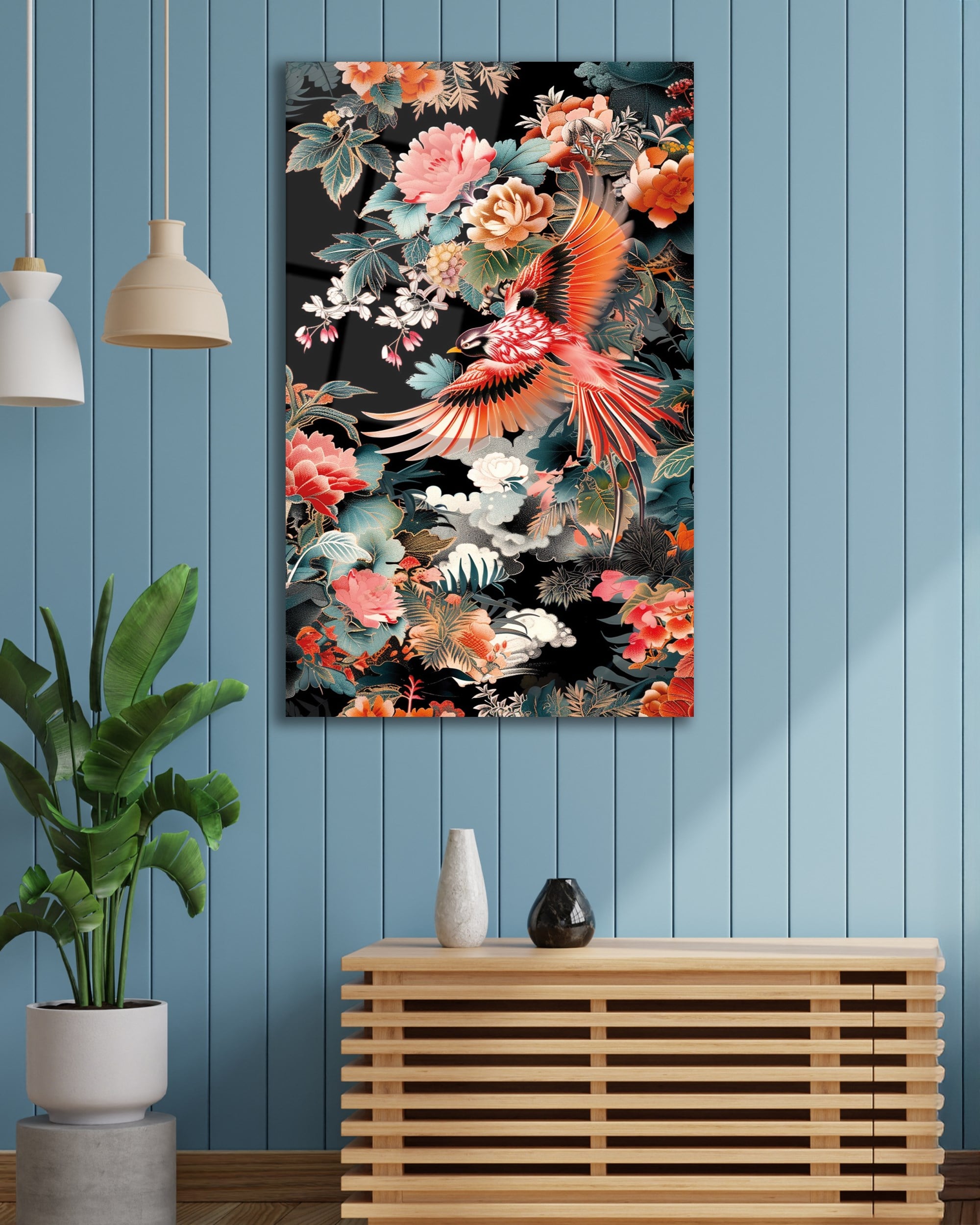 Egzotik Kuş ve Şakayık Çiçekleri Temperli Cam Tablo | Lüks Botanik Duvar Dekoru | Floral Sanat
