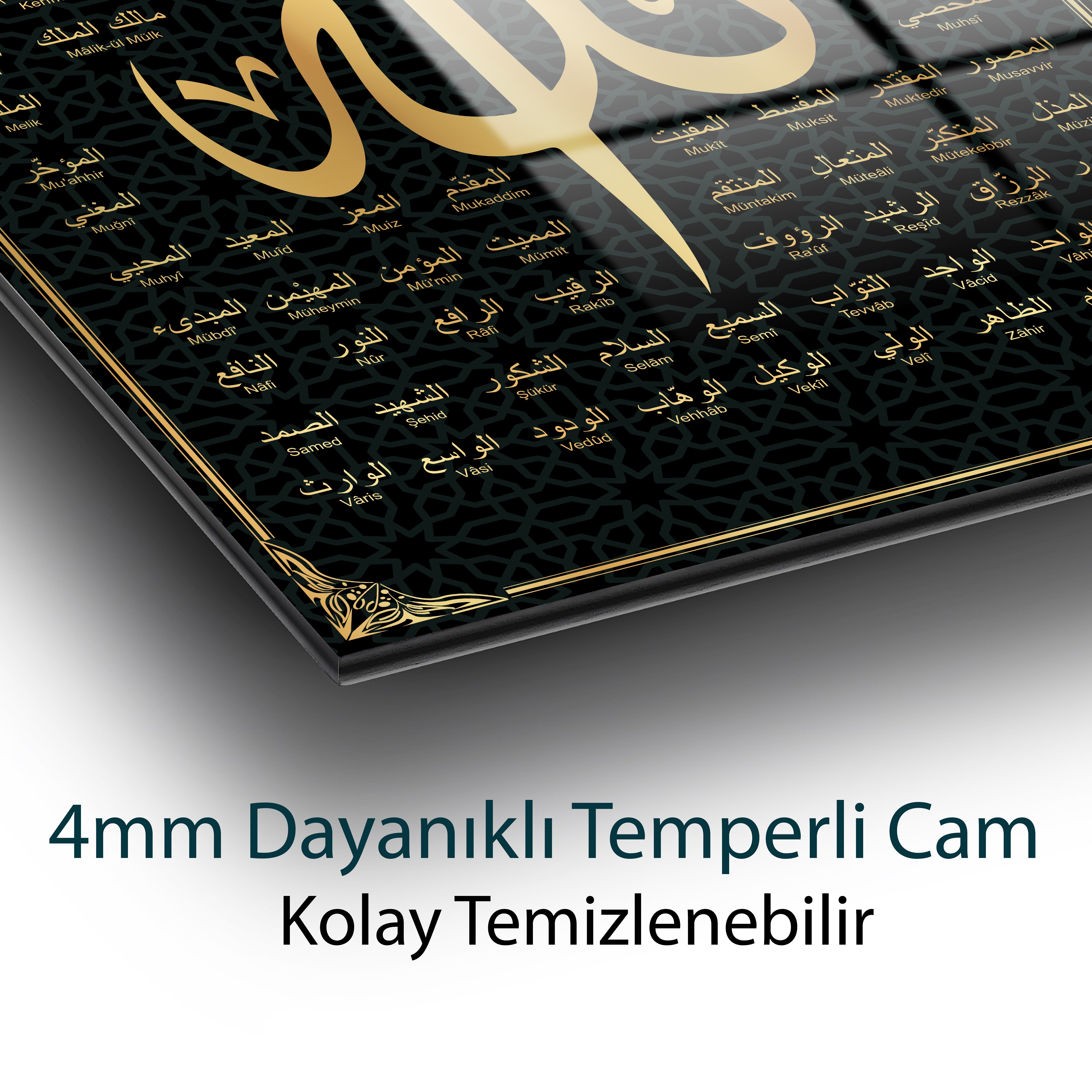 Esmaül Hüsna Allah'ın İsimleri Sıfatları Dini İslami Duvar Dekoru Cam Tablo 4mm Dayanıklı Temperli