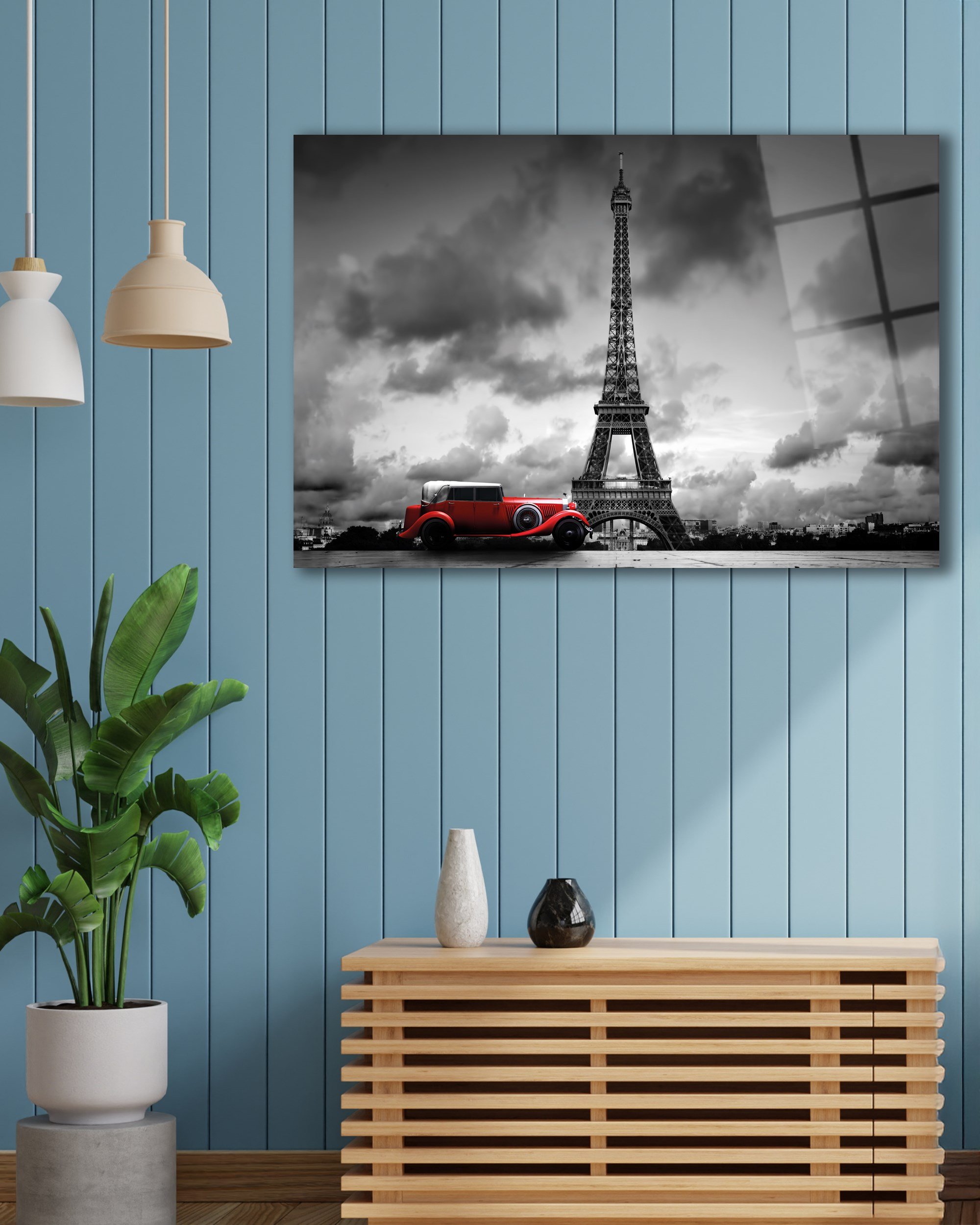 Eyfel Kulesi Cam Tablo | Paris Manzaralı Vintage Otomobil Temperli Cam Duvar Tablosu | 4 mm Dekoratif Cam Tablo