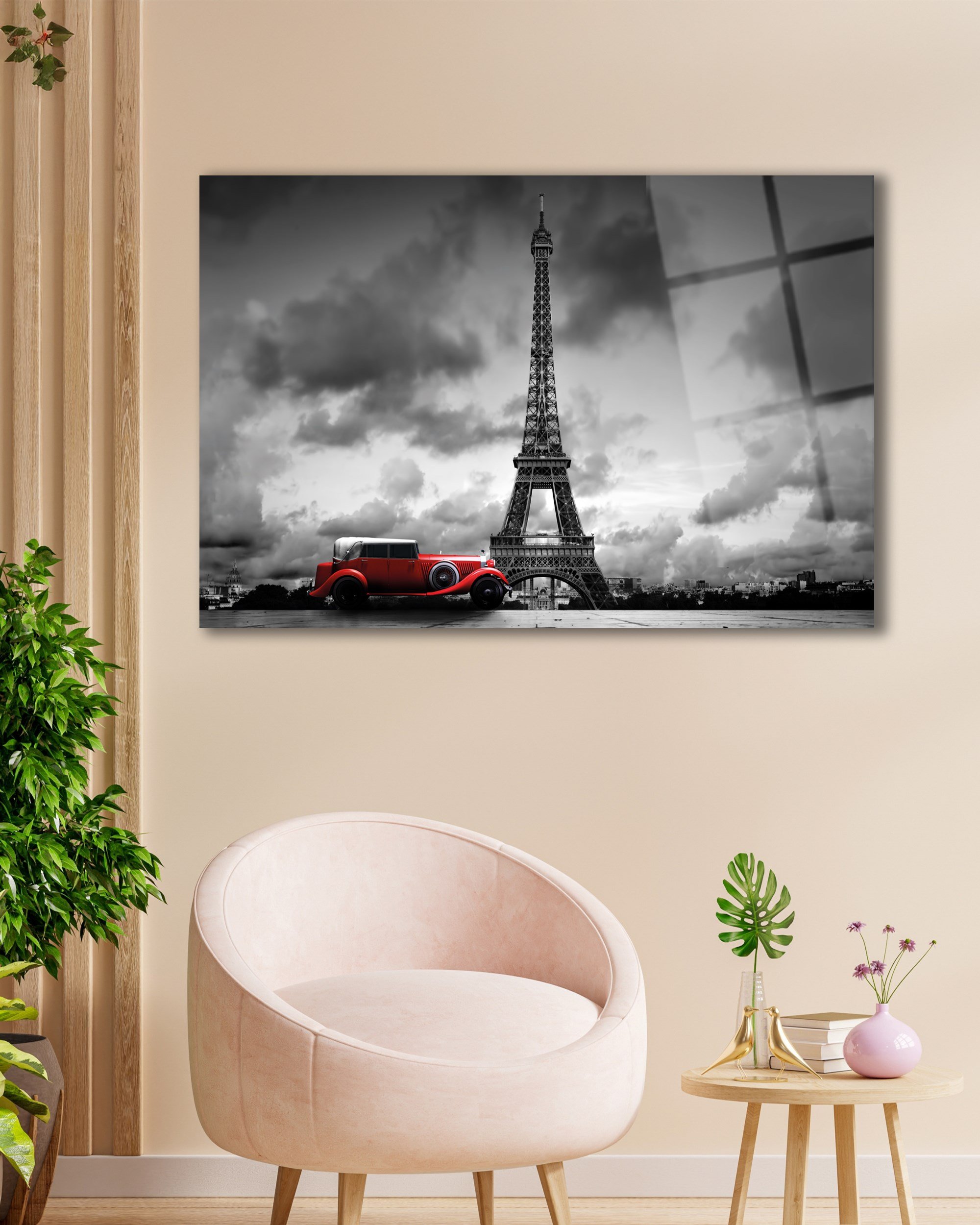 Eyfel Kulesi Cam Tablo | Paris Manzaralı Vintage Otomobil Temperli Cam Duvar Tablosu | 4 mm Dekoratif Cam Tablo