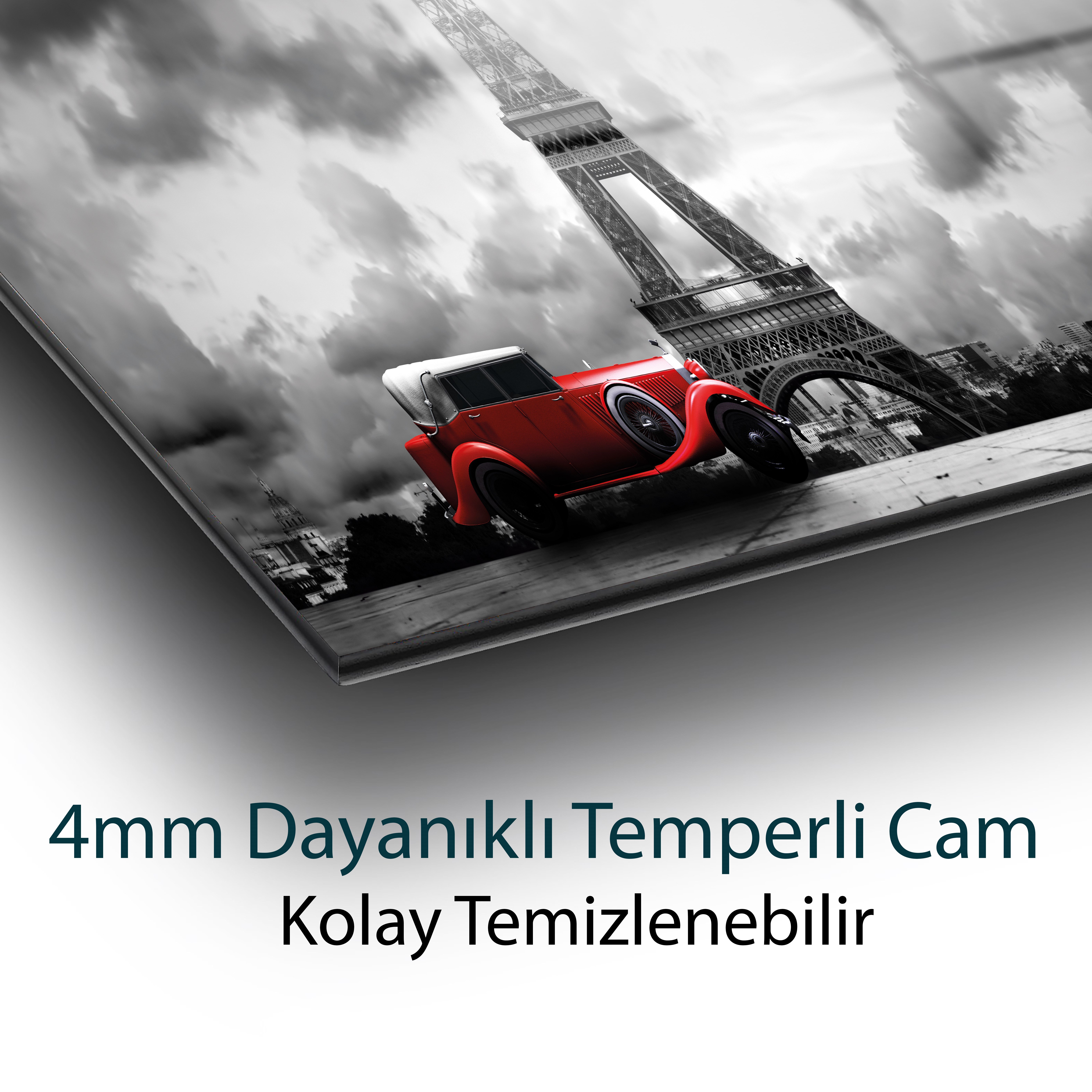 Eyfel Kulesi Cam Tablo | Paris Manzaralı Vintage Otomobil Temperli Cam Duvar Tablosu | 4 mm Dekoratif Cam Tablo