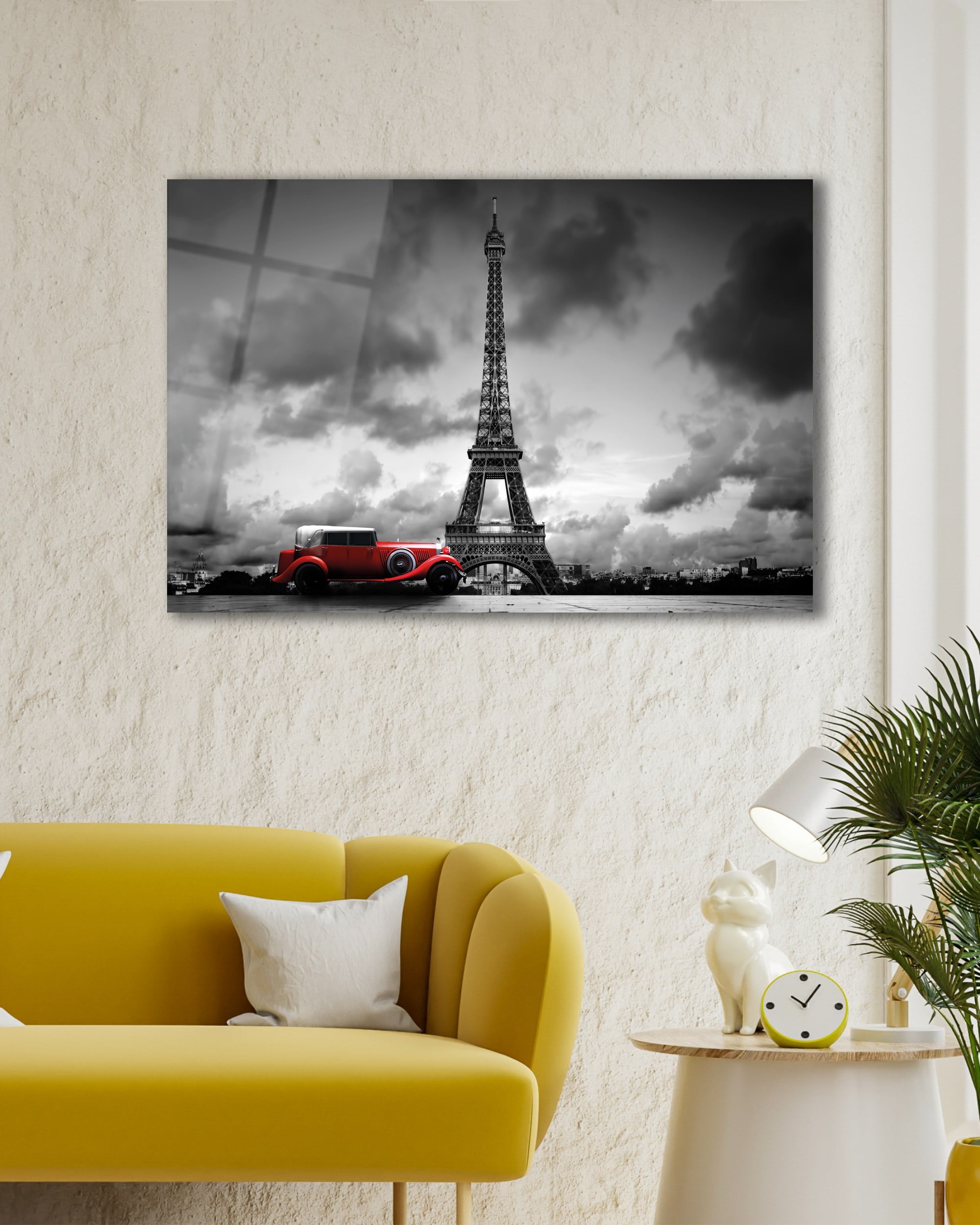 Eyfel Kulesi Cam Tablo | Paris Manzaralı Vintage Otomobil Temperli Cam Duvar Tablosu | 4 mm Dekoratif Cam Tablo