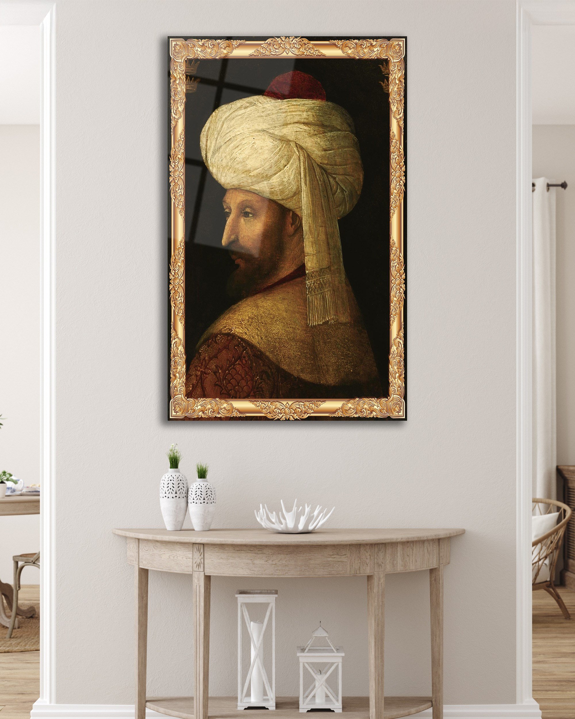 Fatih Sultan Mehmet Cam Tablo Dekoratif | Osmanlı Portresi Temperli Cam Duvar Tablosu