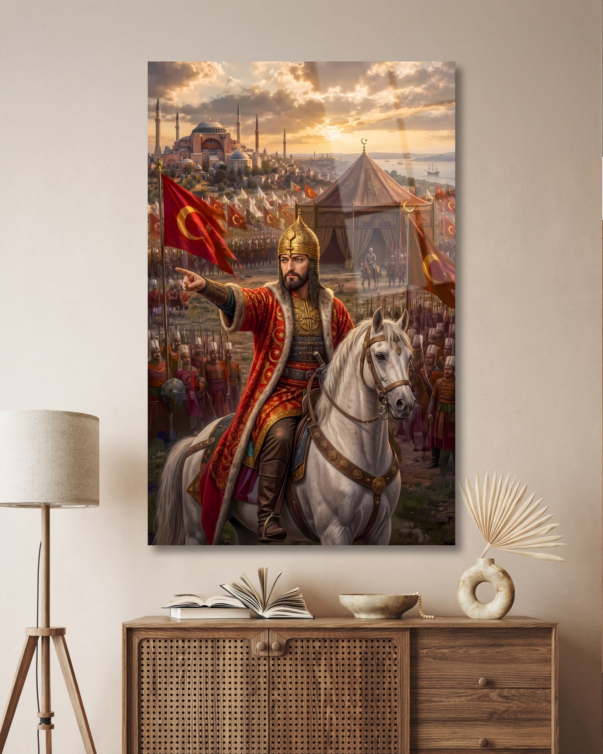 Fatih Sultan Mehmet Cam Tablo | İstanbul'un Fethi Temalı Osmanlı Duvar Tablosu | 4 mm Temperli Cam Tablo