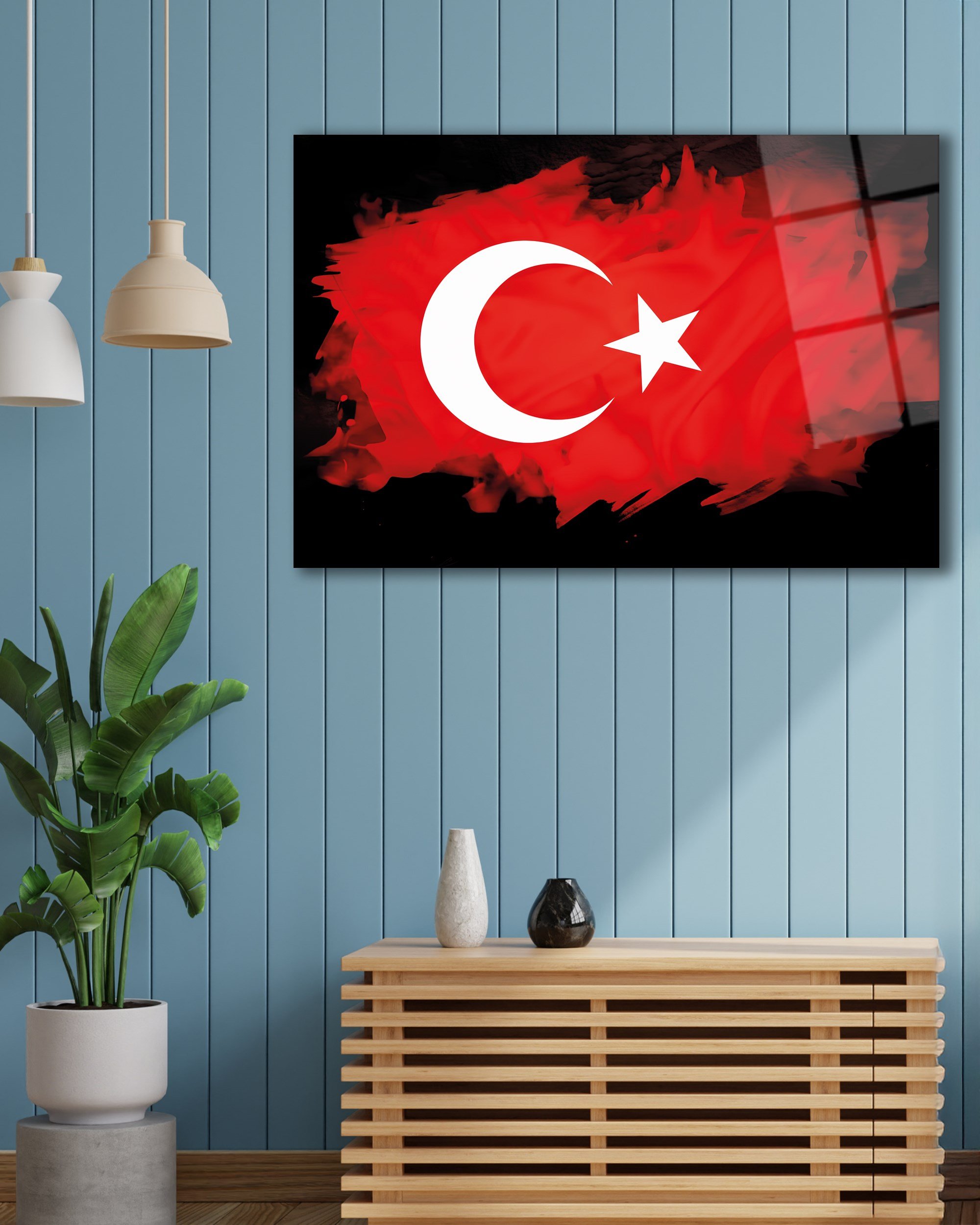 Fırça Darbesi Ay Yıldız Türk Bayrağı Temperli Cam Tablo