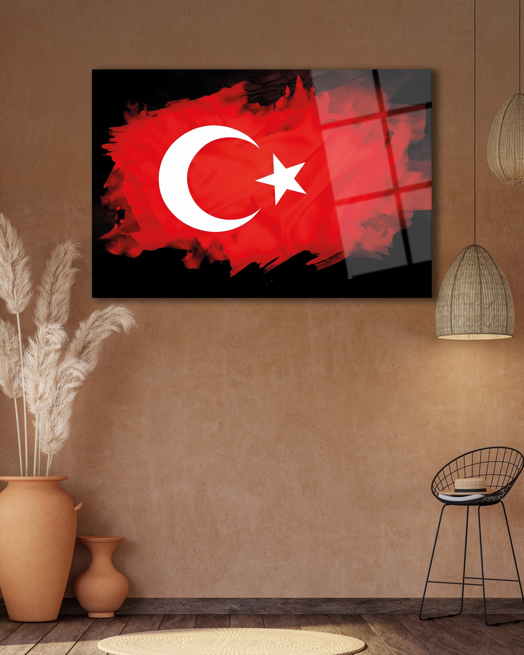 Fırça Darbesi Ay Yıldız Türk Bayrağı Temperli Cam Tablo