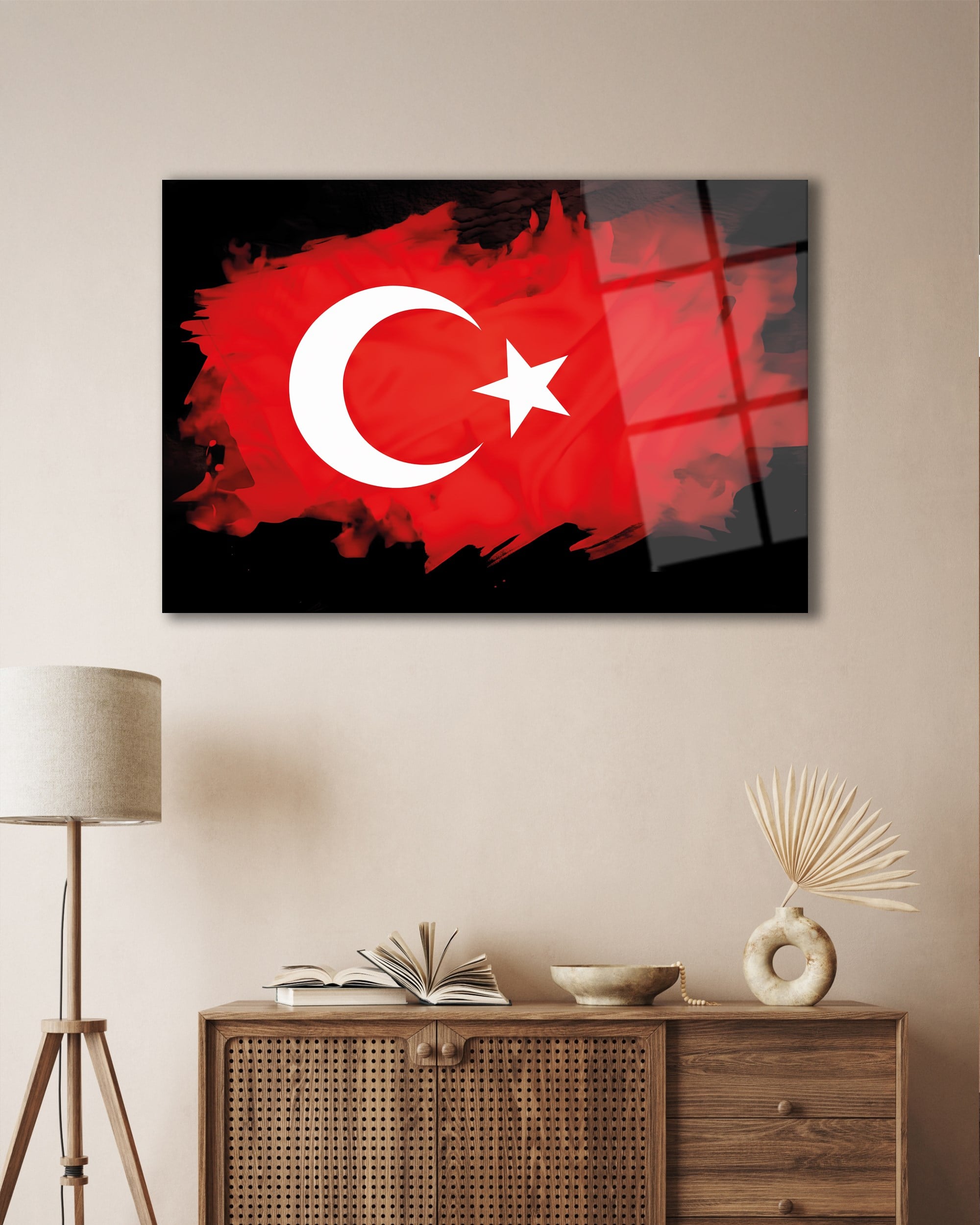 Fırça Darbesi Ay Yıldız Türk Bayrağı Temperli Cam Tablo
