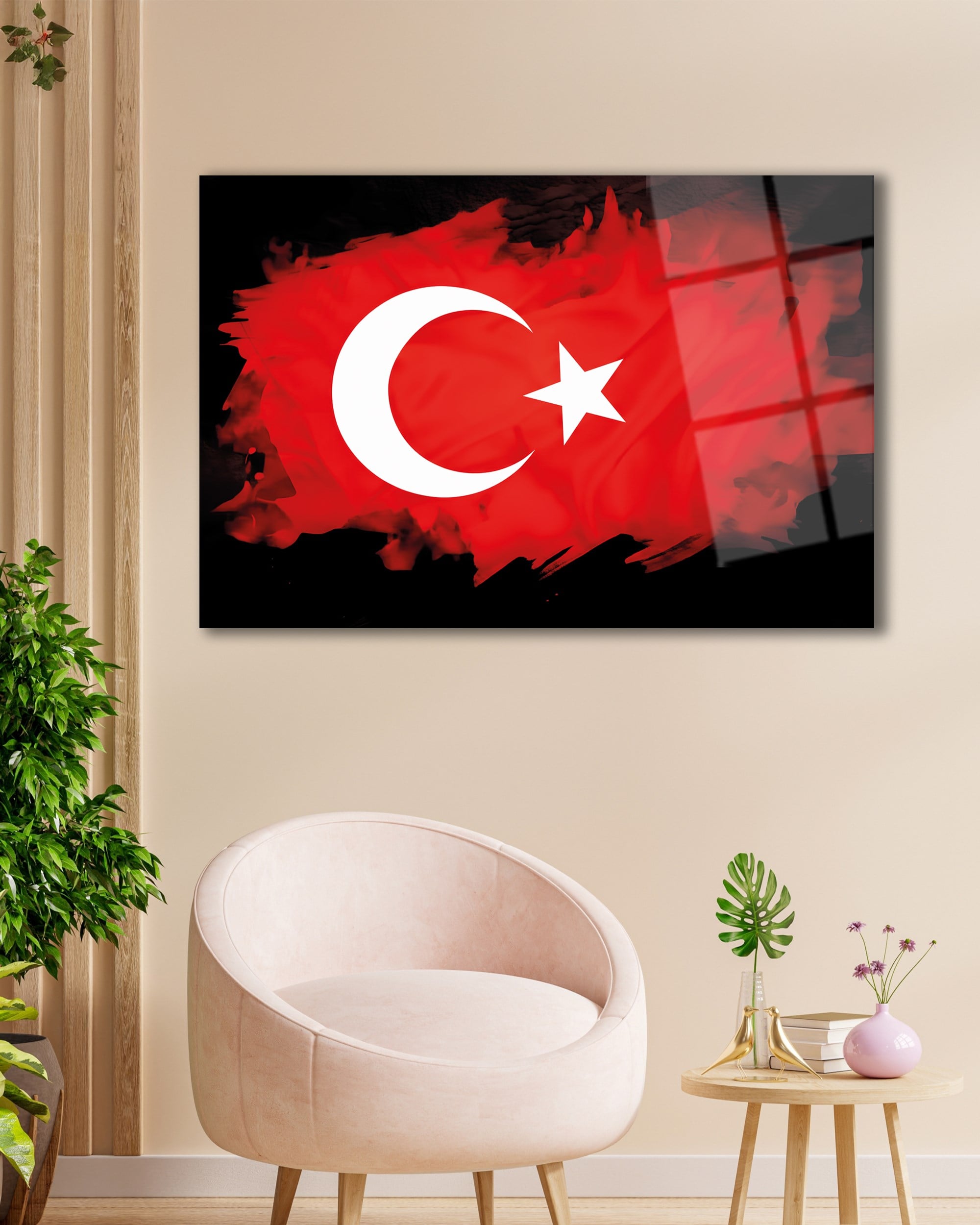 Fırça Darbesi Ay Yıldız Türk Bayrağı Temperli Cam Tablo