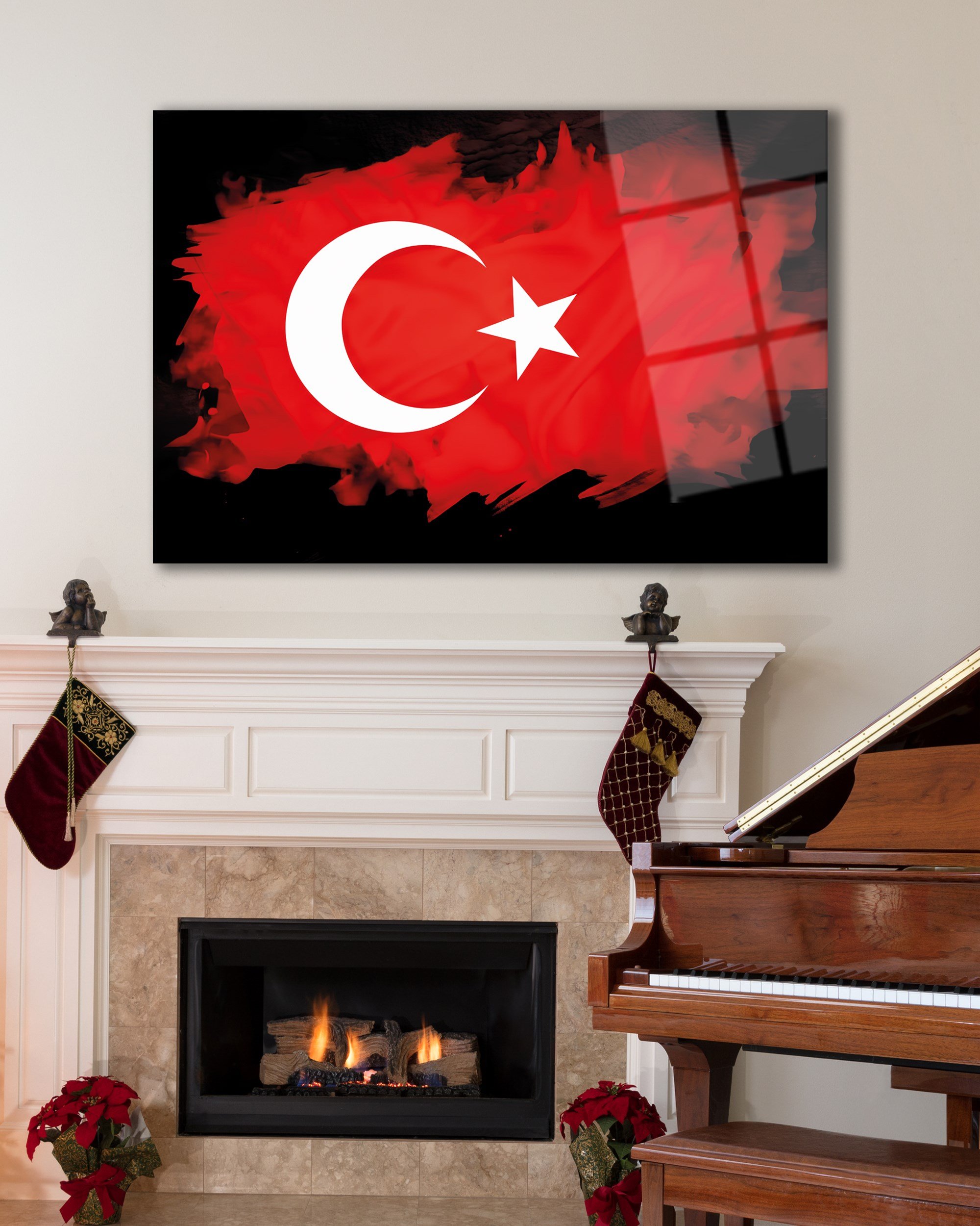 Fırça Darbesi Ay Yıldız Türk Bayrağı Temperli Cam Tablo