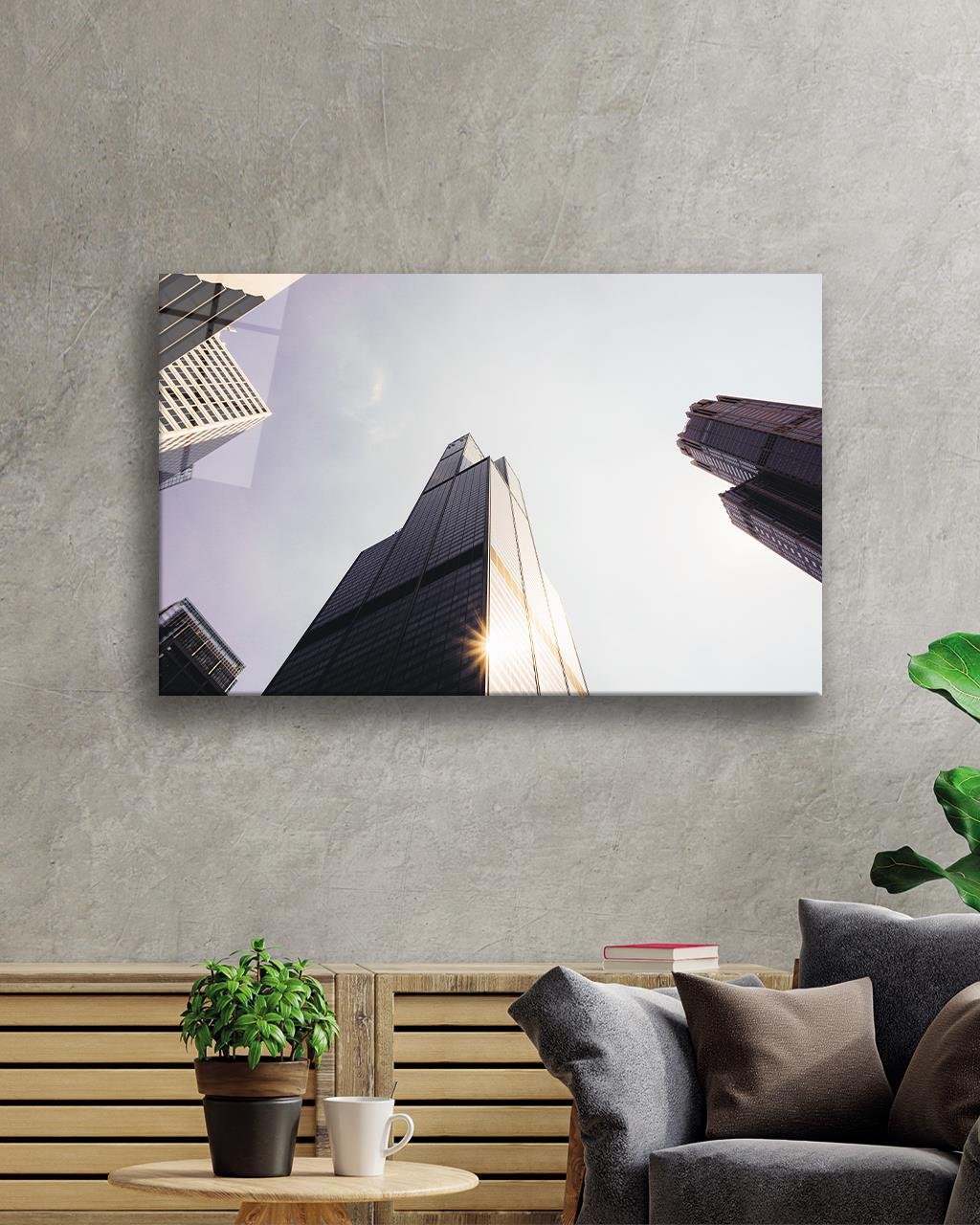 Geometrik Bina Cam Tablo 4mm Dayanıklı Temperli Cam Geometric Architecture Building Glass Painting