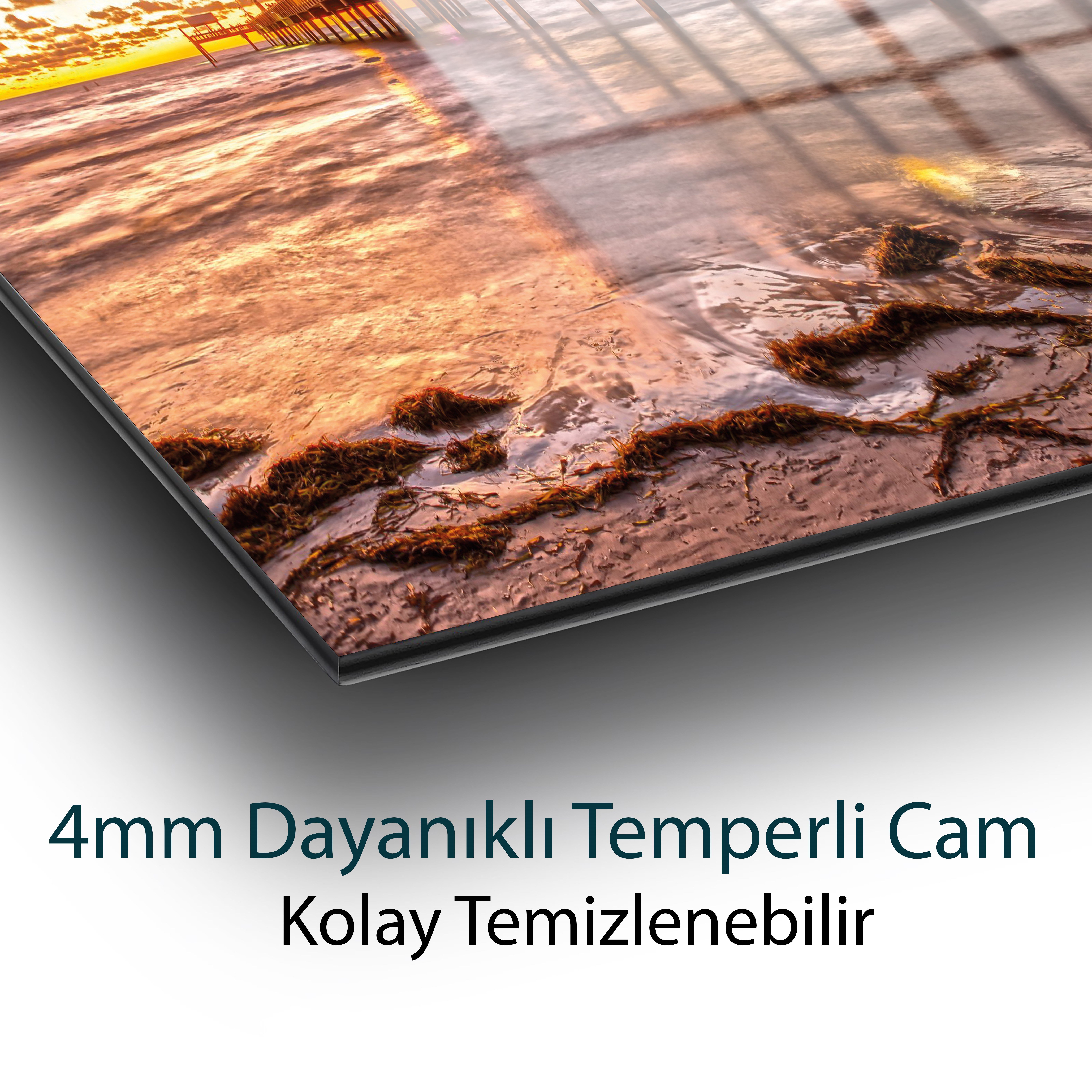 Gün Batımı İskele Cam Tablo | Deniz Manzaralı Temperli Cam Duvar Tablosu | 4 mm Dekoratif Cam Tablo