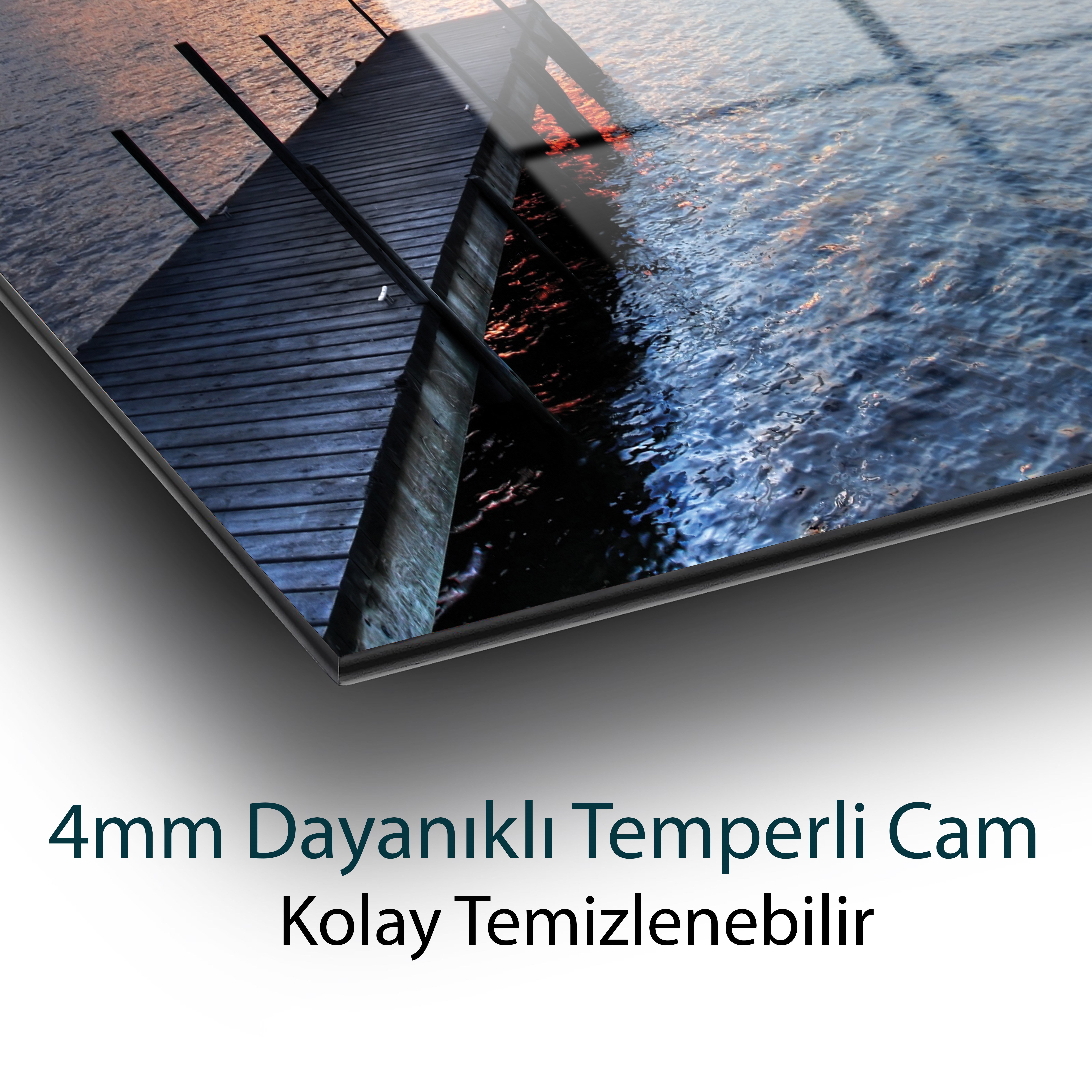 Gün Batımı İskele Cam Tablo | Deniz ve Martı Manzaralı Temperli Cam Duvar Tablosu | 4 mm Dekoratif Cam Tablo